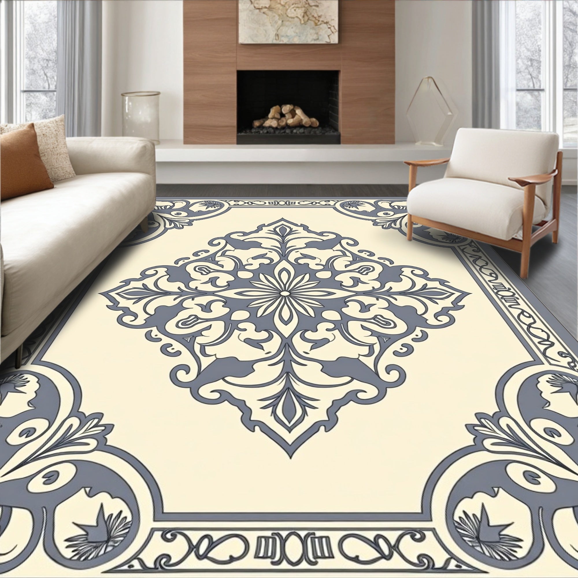 Cream Gray Elaborate Medallion Corner Rug