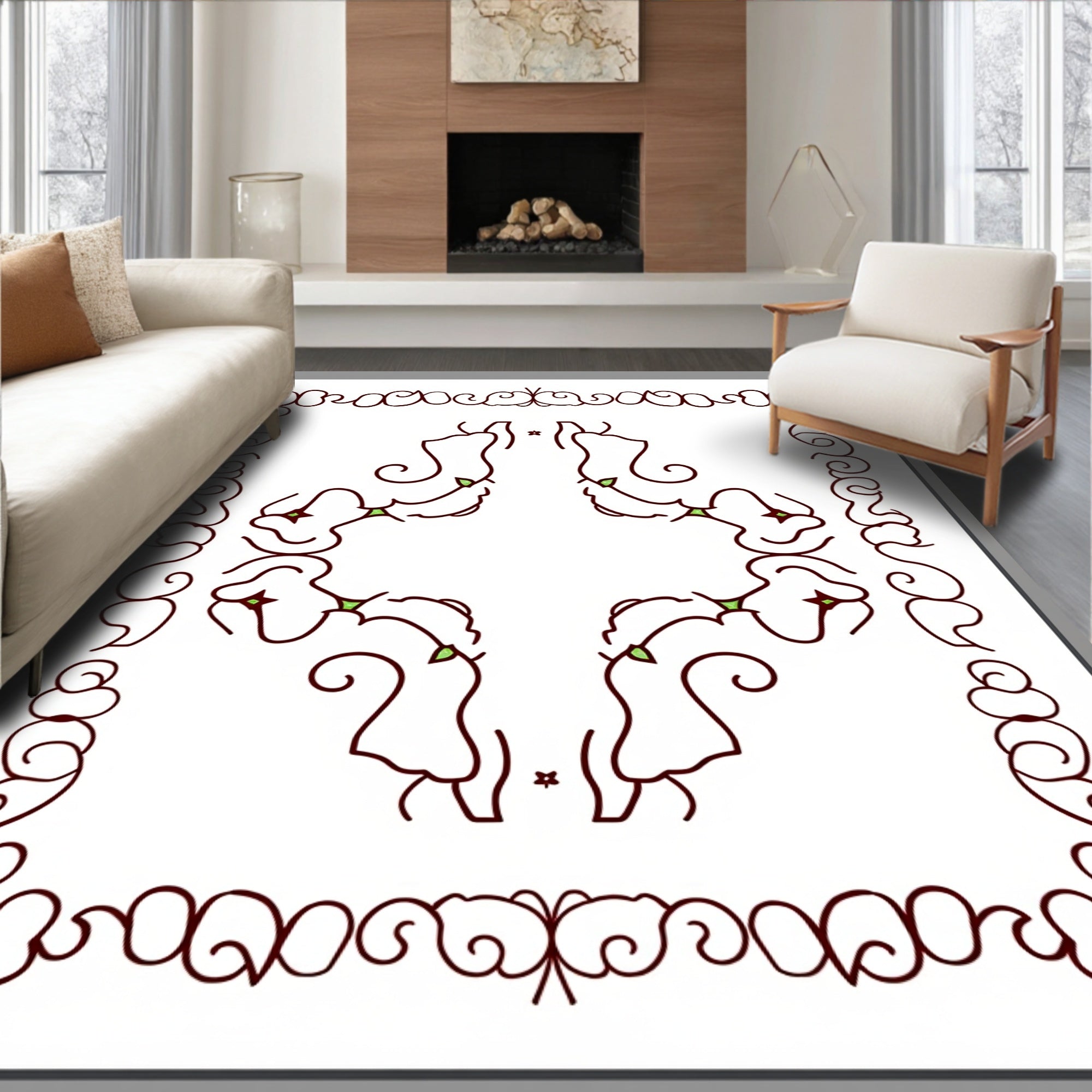Deep Red Floral Border Swirls Medallion Rug