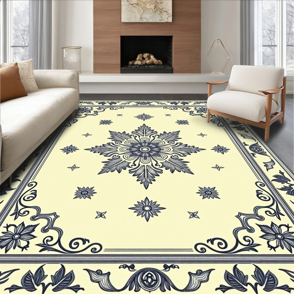 Cream and Navy Floral Medallion Rug