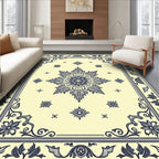 Cream and Navy Floral Medallion Rug