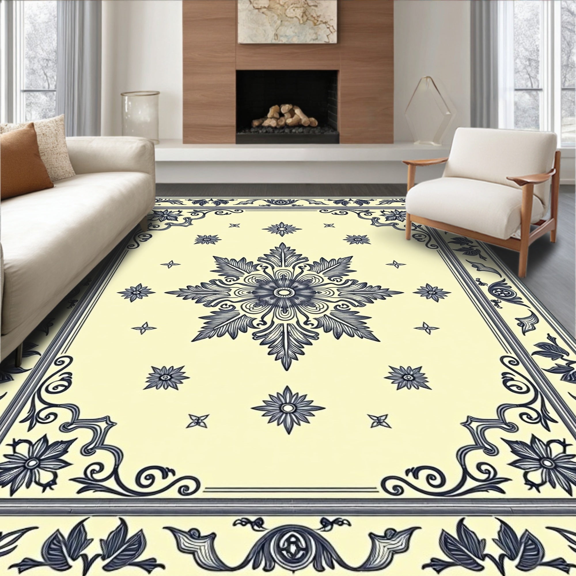 Cream and Navy Floral Medallion Rug