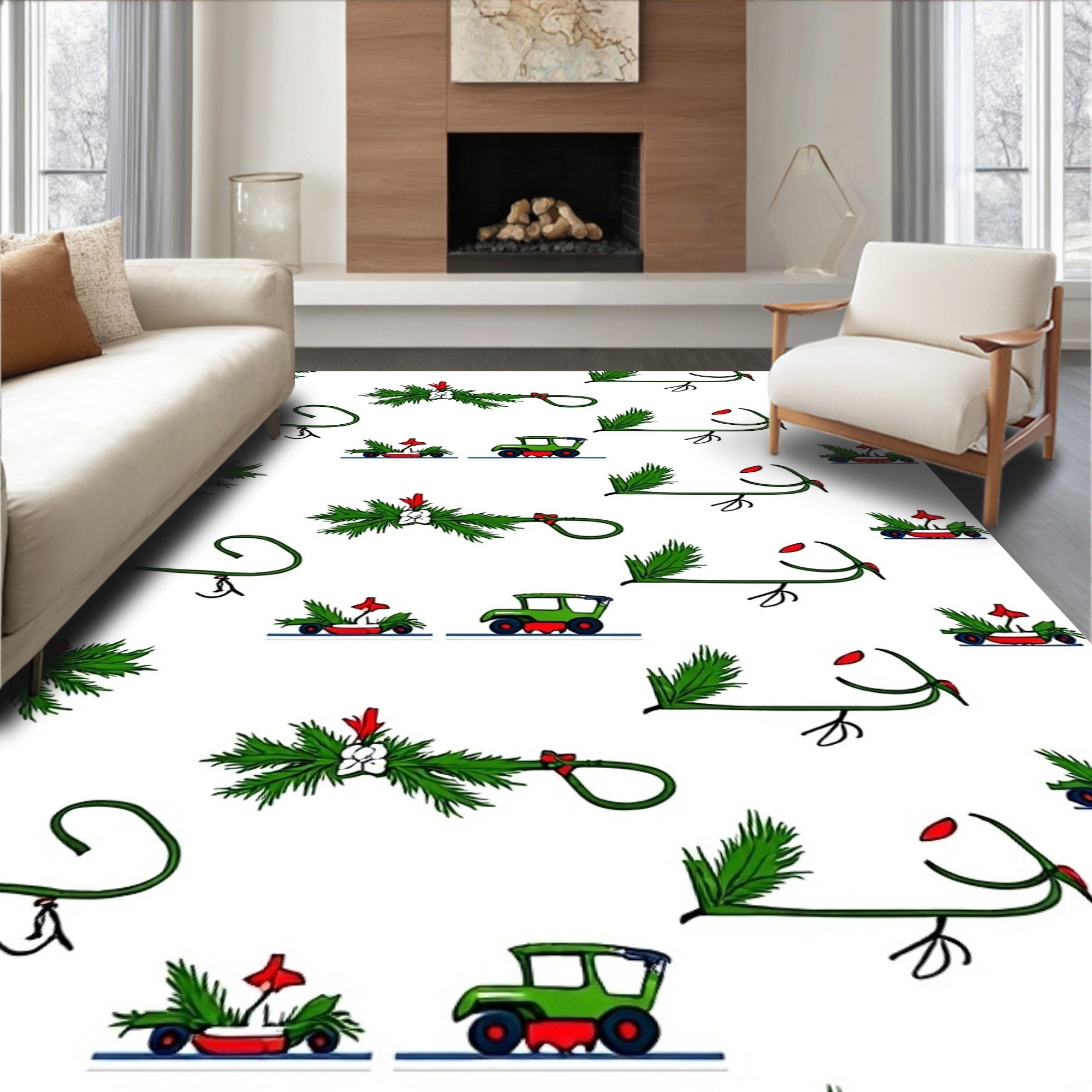 Christmas Green Sleigh and Car Collection Rug
