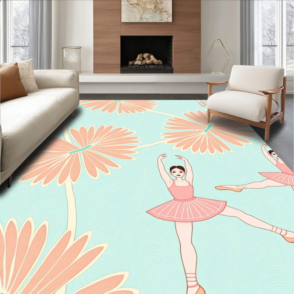 Peach Ballerinas on Aqua Floral Background Rug