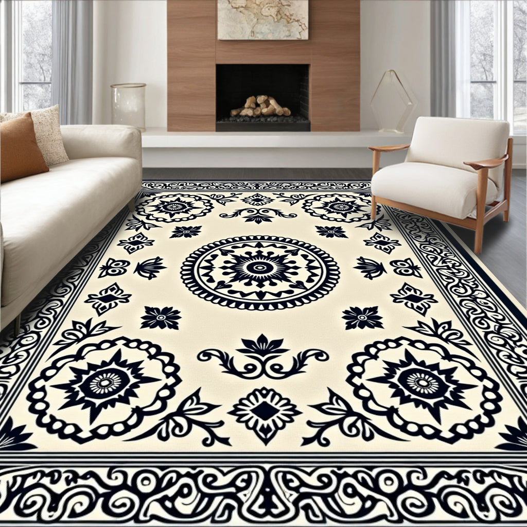 Cream Black Intricate Floral Medallion Border Rug
