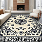 Cream Black Intricate Floral Medallion Border Rug