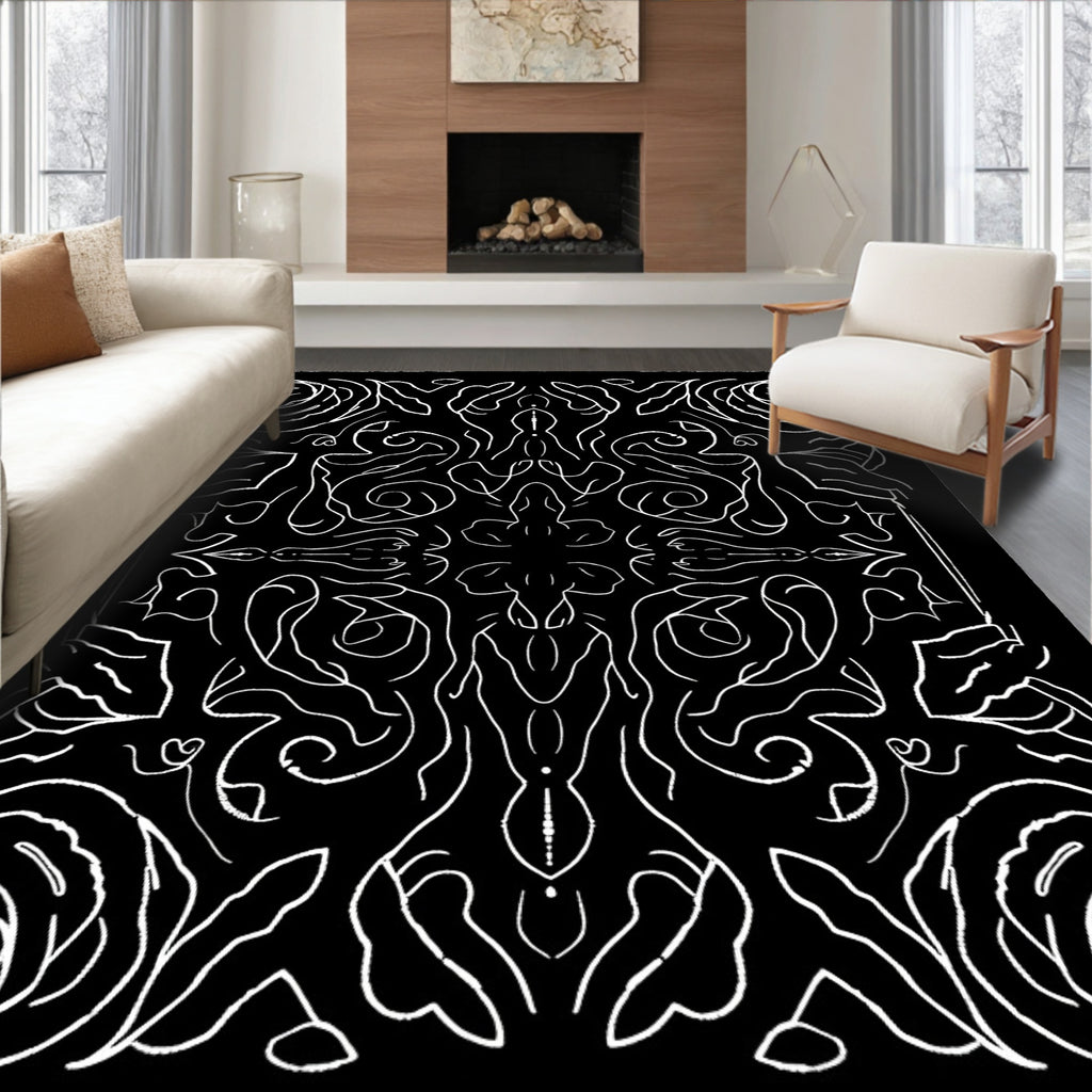 Gothic Black White Floral Symmetry Rug