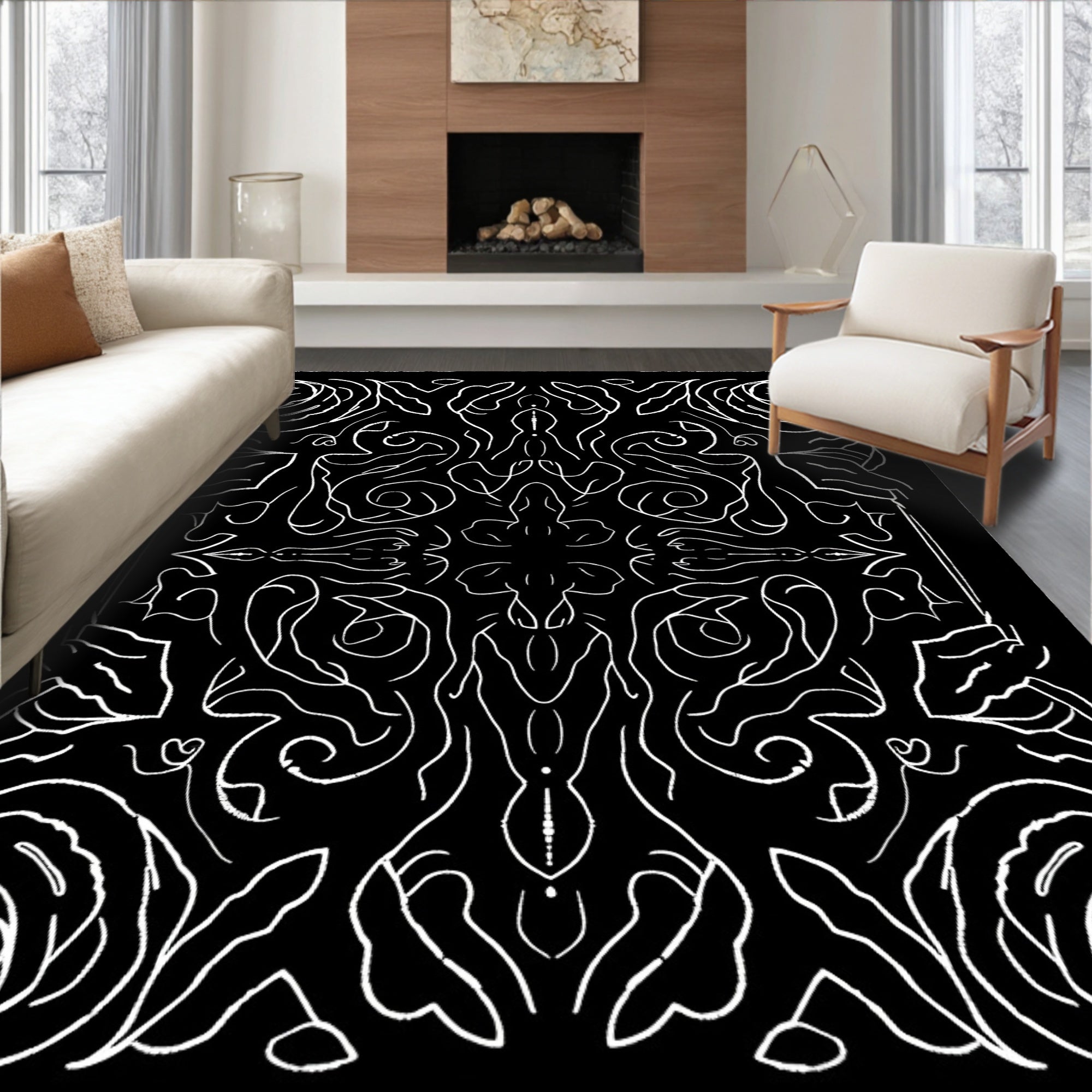 Gothic Black White Floral Symmetry Rug