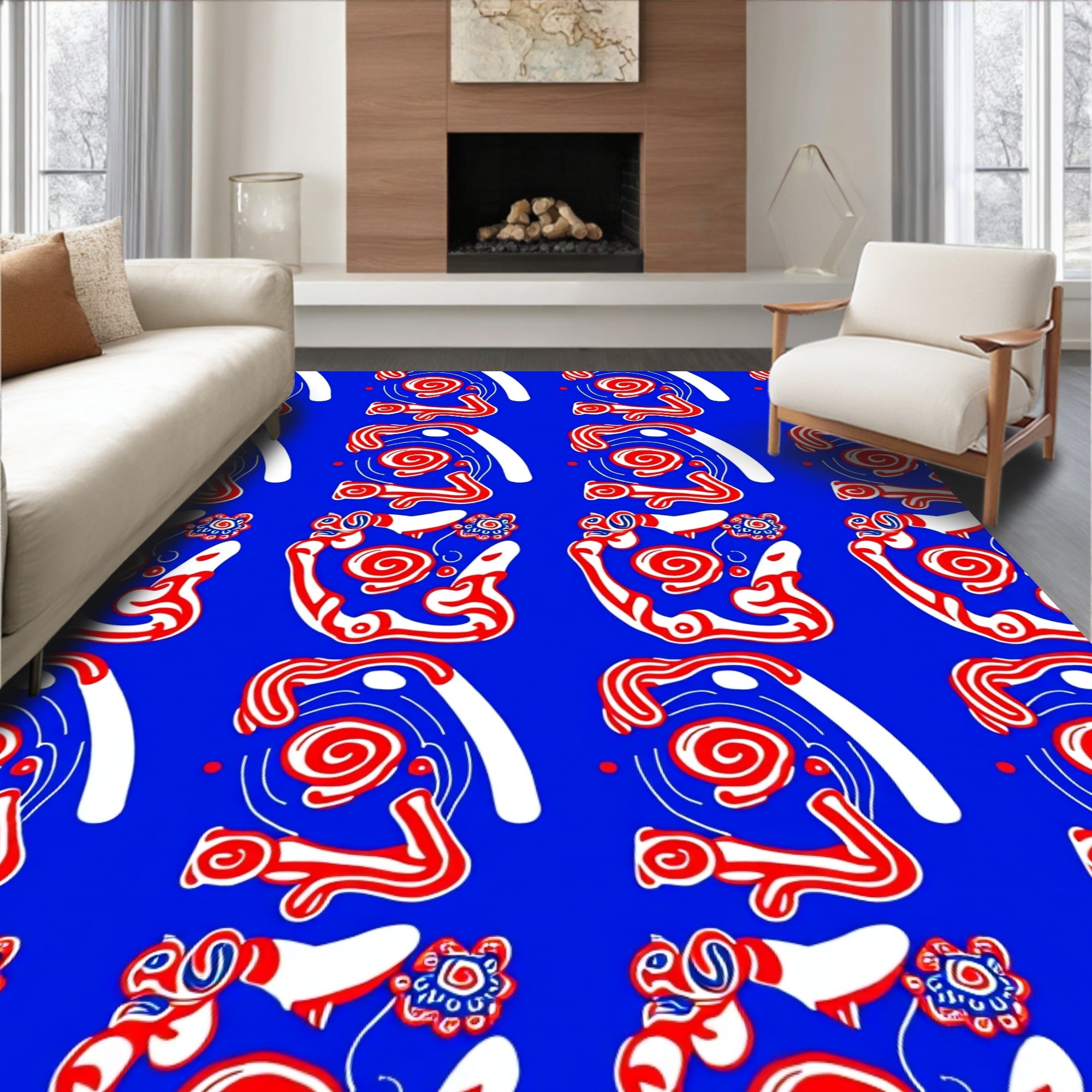 Red and White Abstract Tribal Figures Rug
