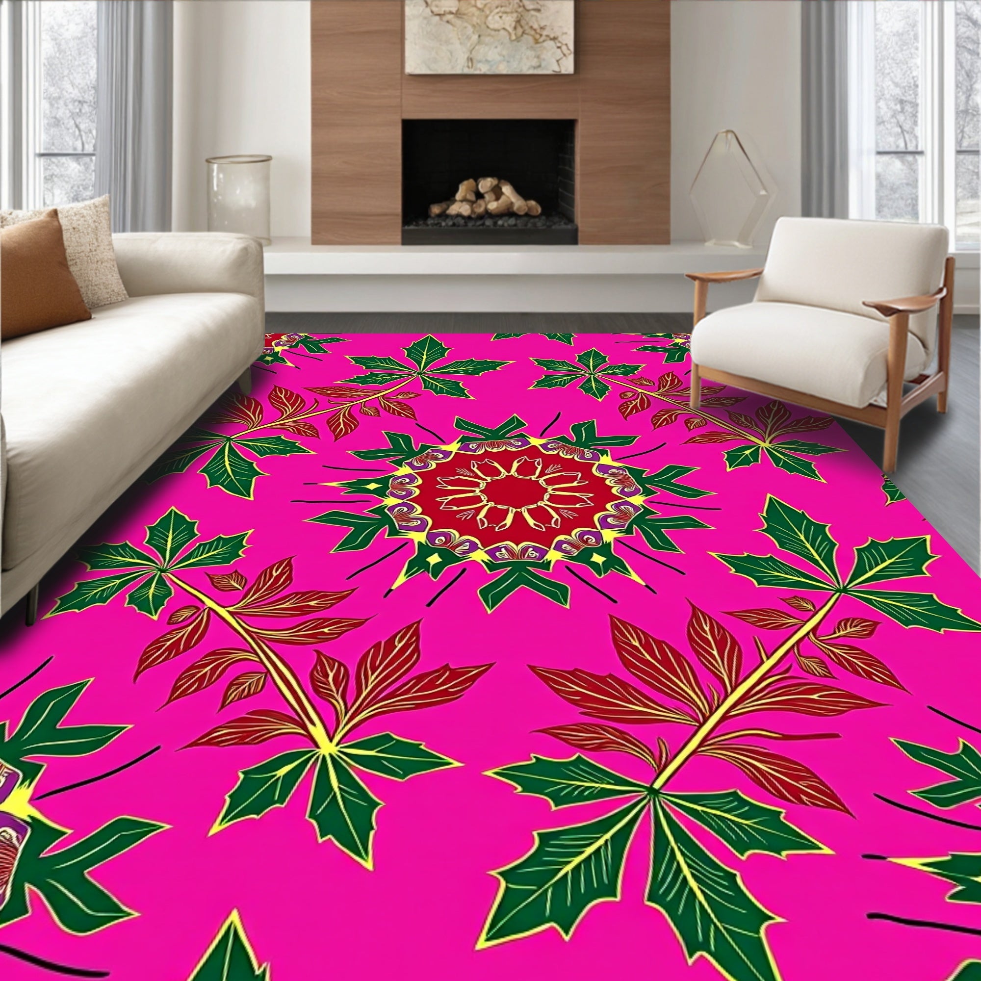 Vibrant Pink Leaf Mandala Rug