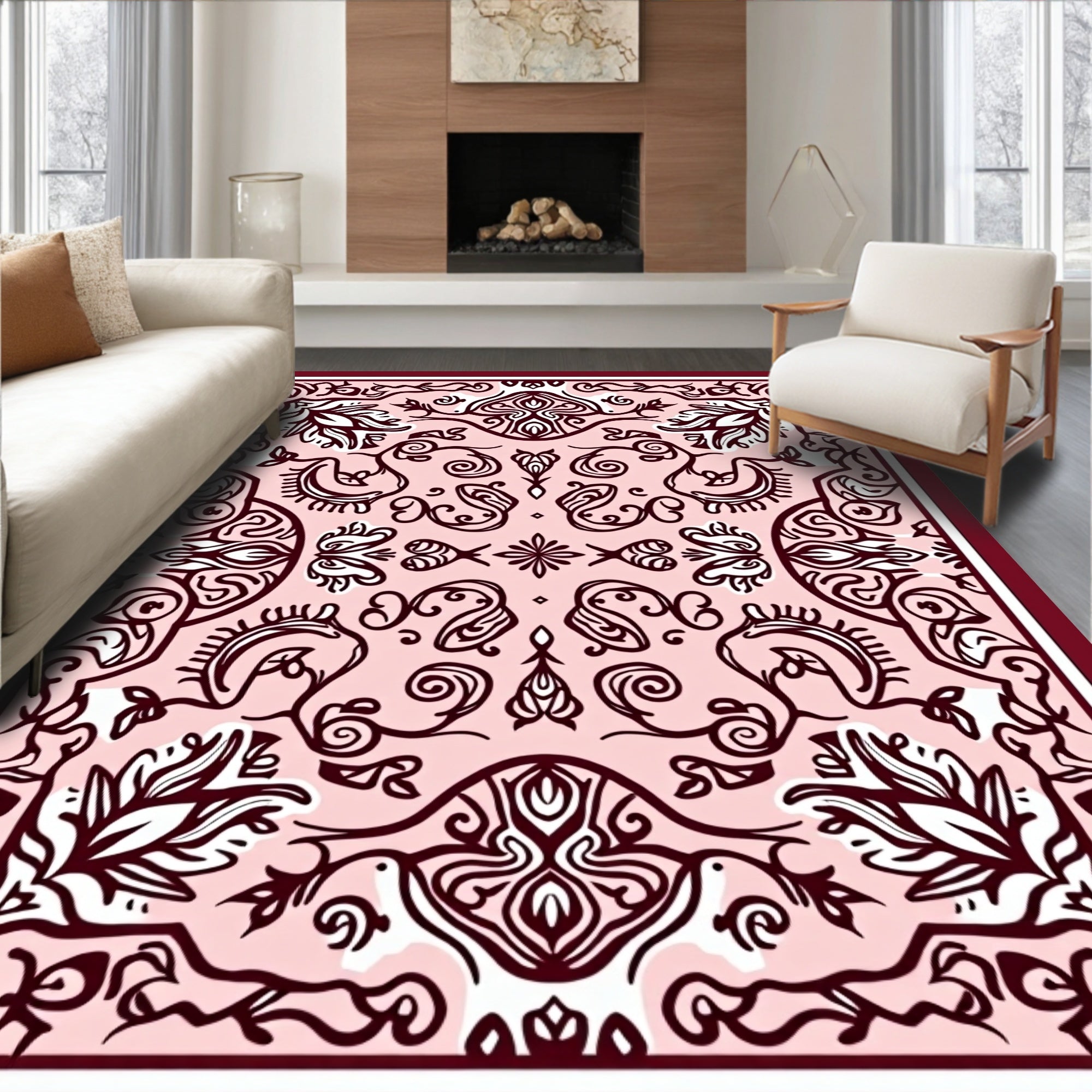 Rose Crimson Floral Scroll Medallion Rug
