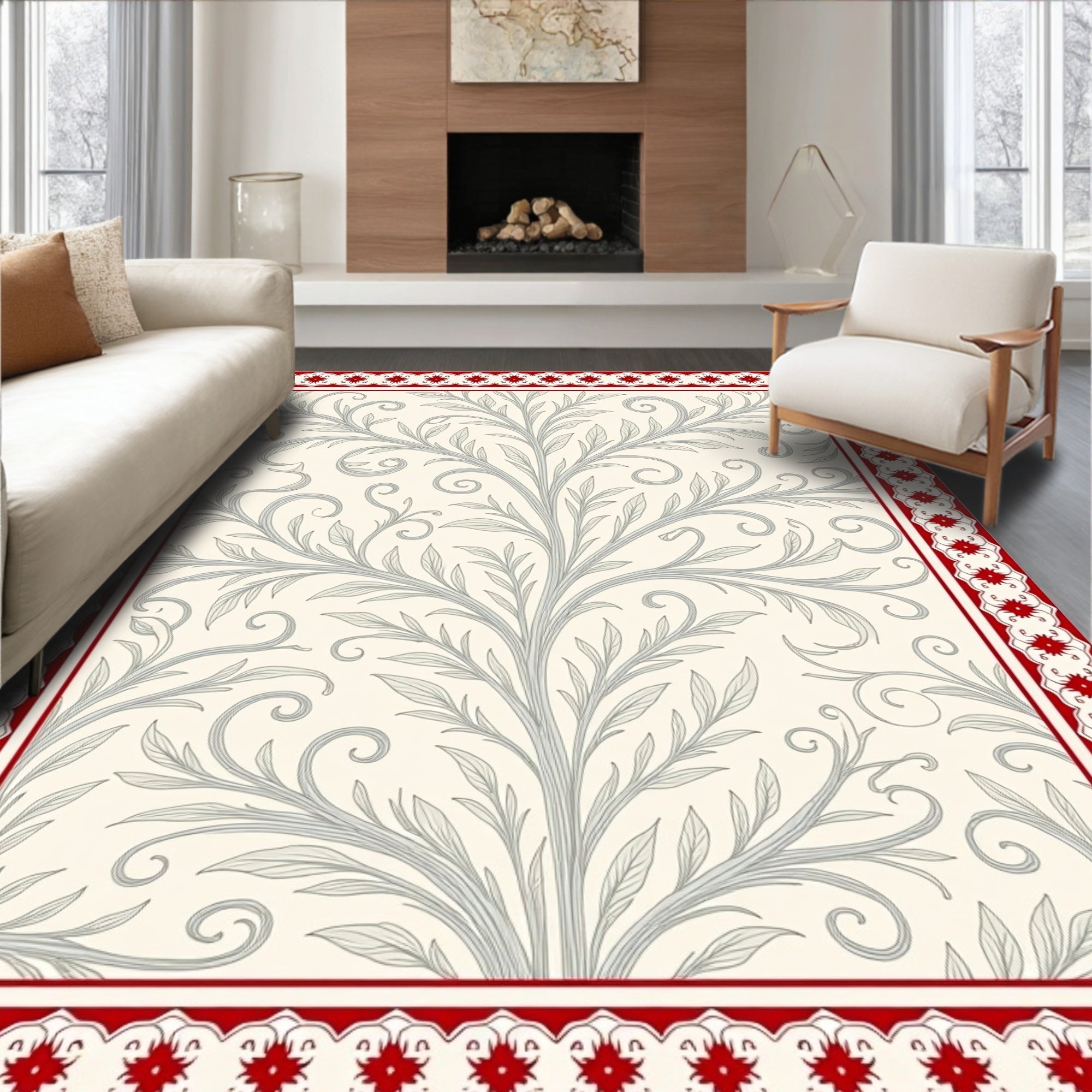 Cream Red Floral Vine Scroll Rug