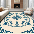 Teal Floral Medallion Cream Background Rug
