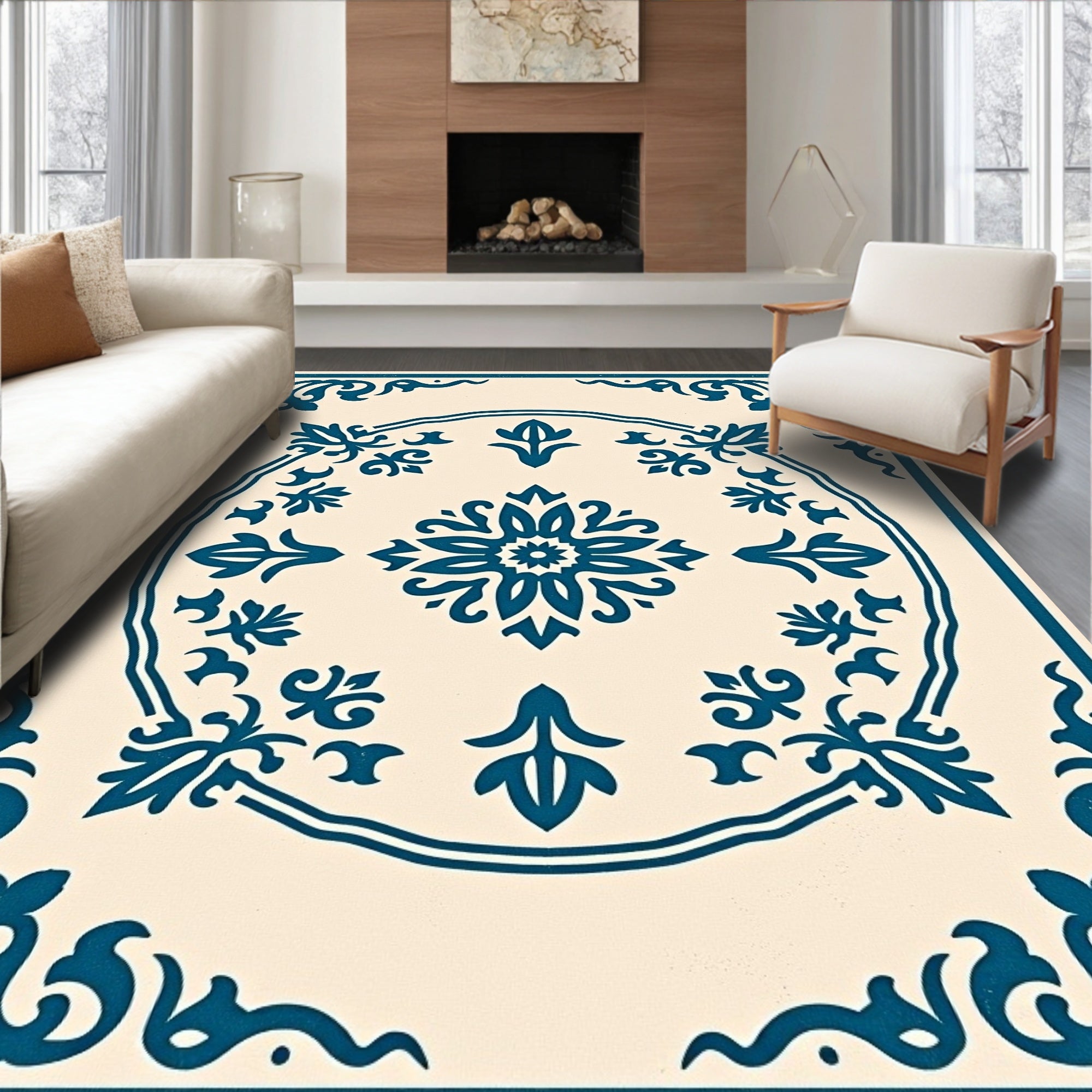 Teal Floral Medallion Cream Background Rug