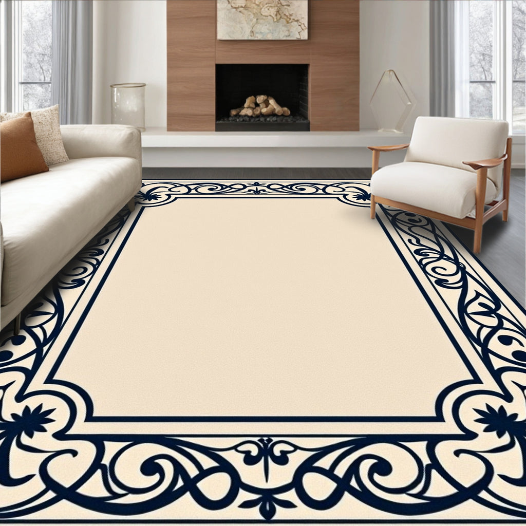 Deep Blue Floral Scroll Border Rug