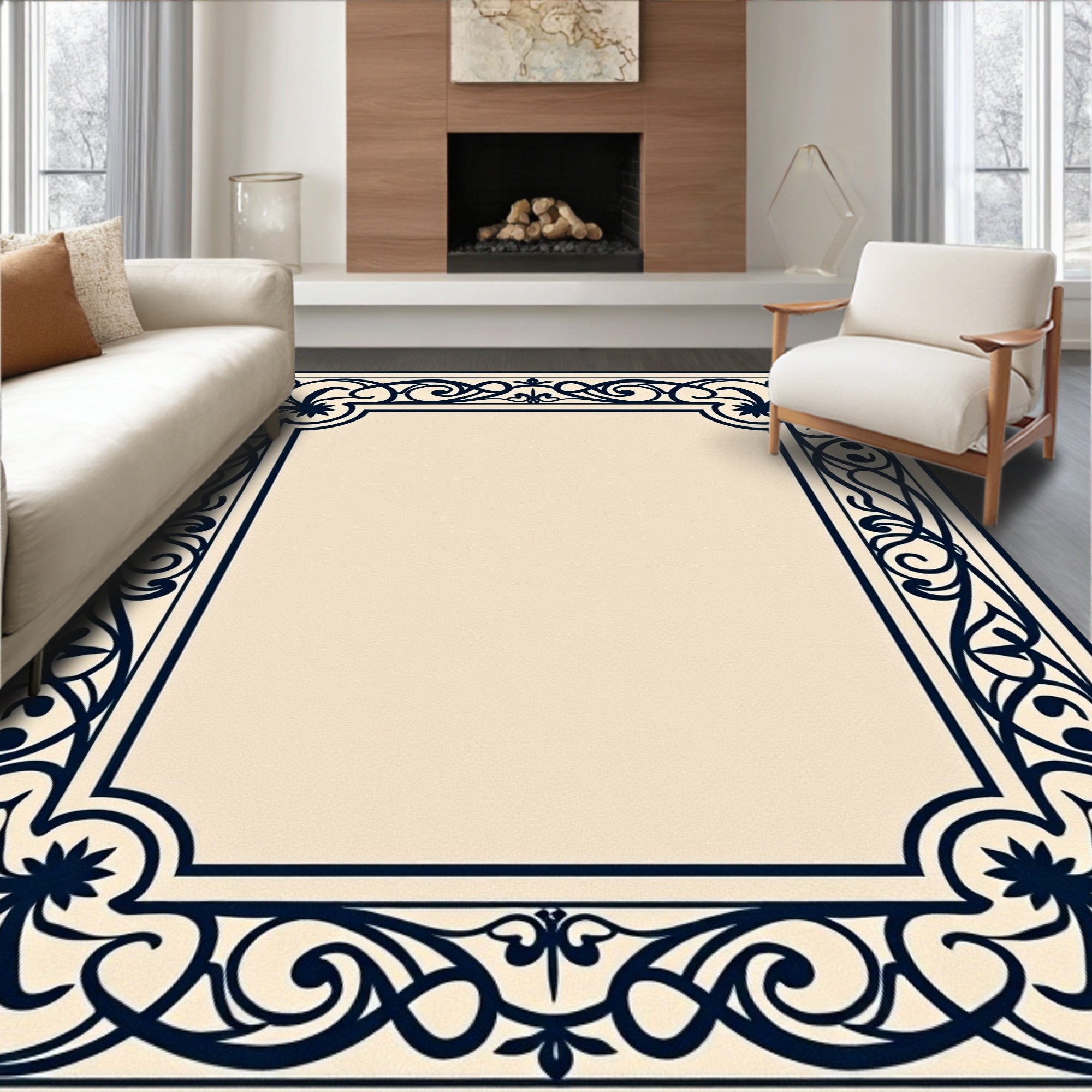 Deep Blue Floral Scroll Border Rug