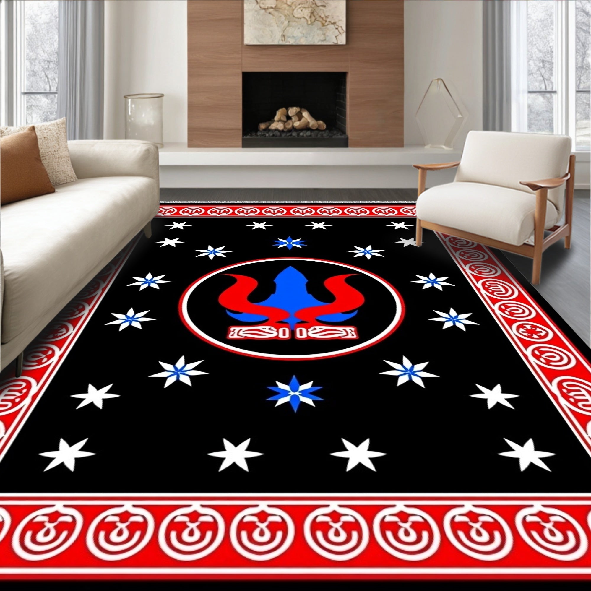 Bold Blue Red Tribal Starburst Rug