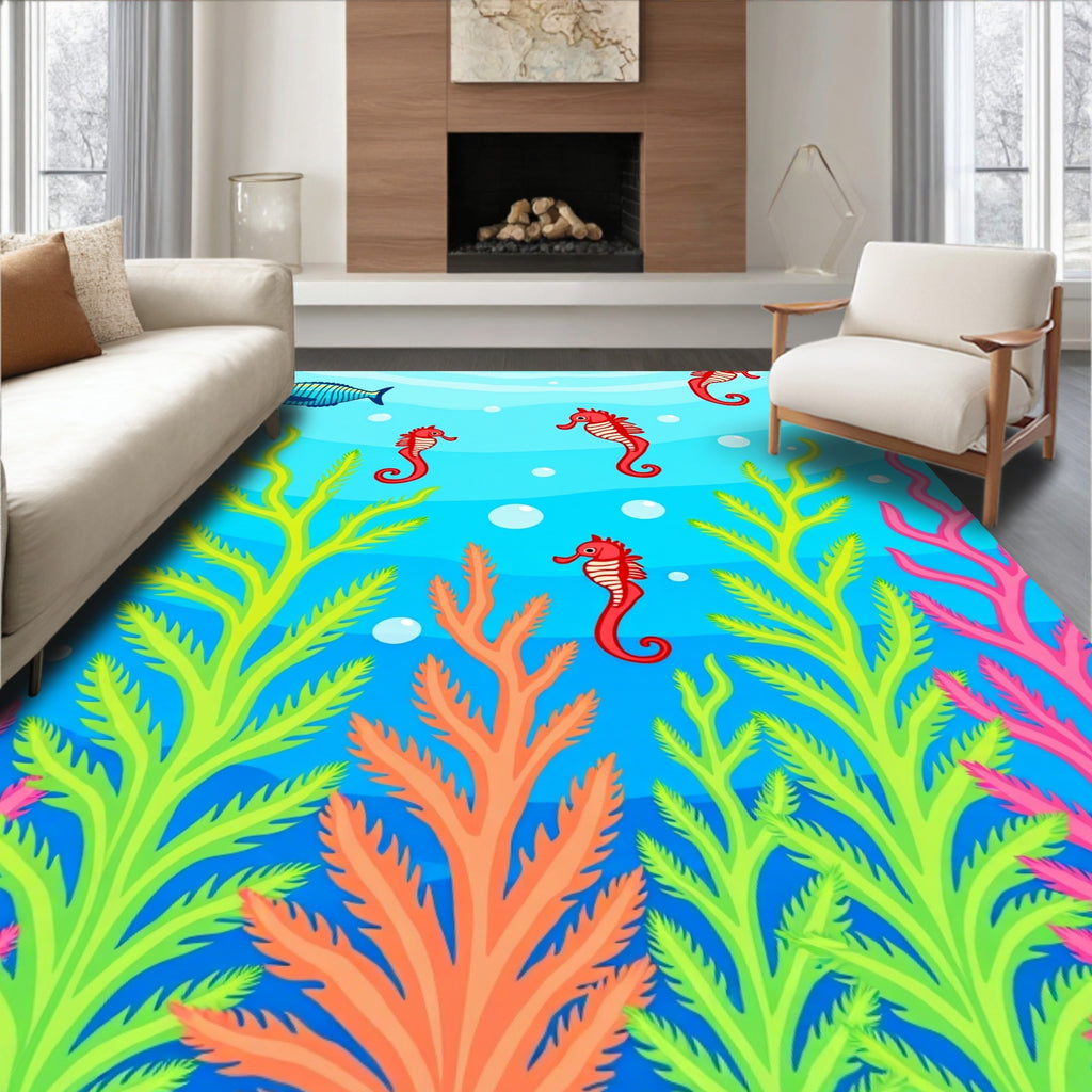 Red Seahorse Coral Reef Scene Rug