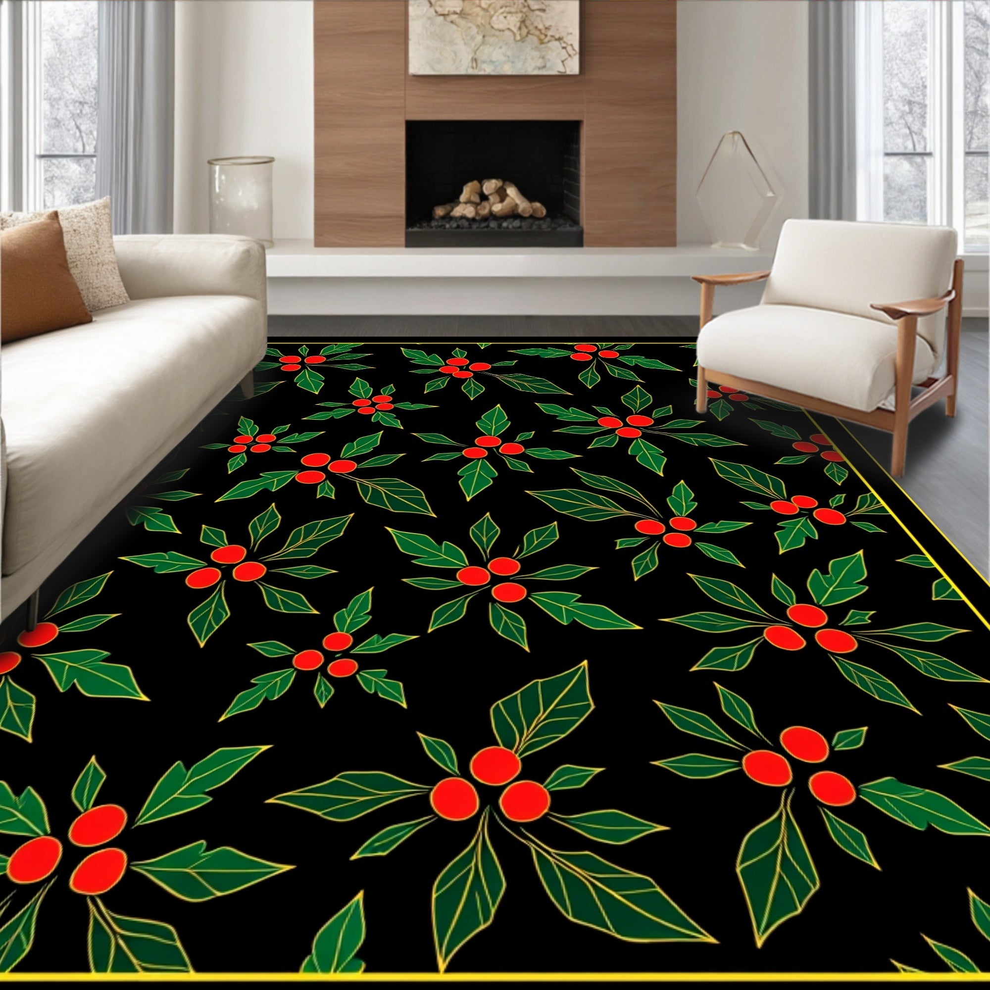 Black Red Green Holly Berry Garland Rug