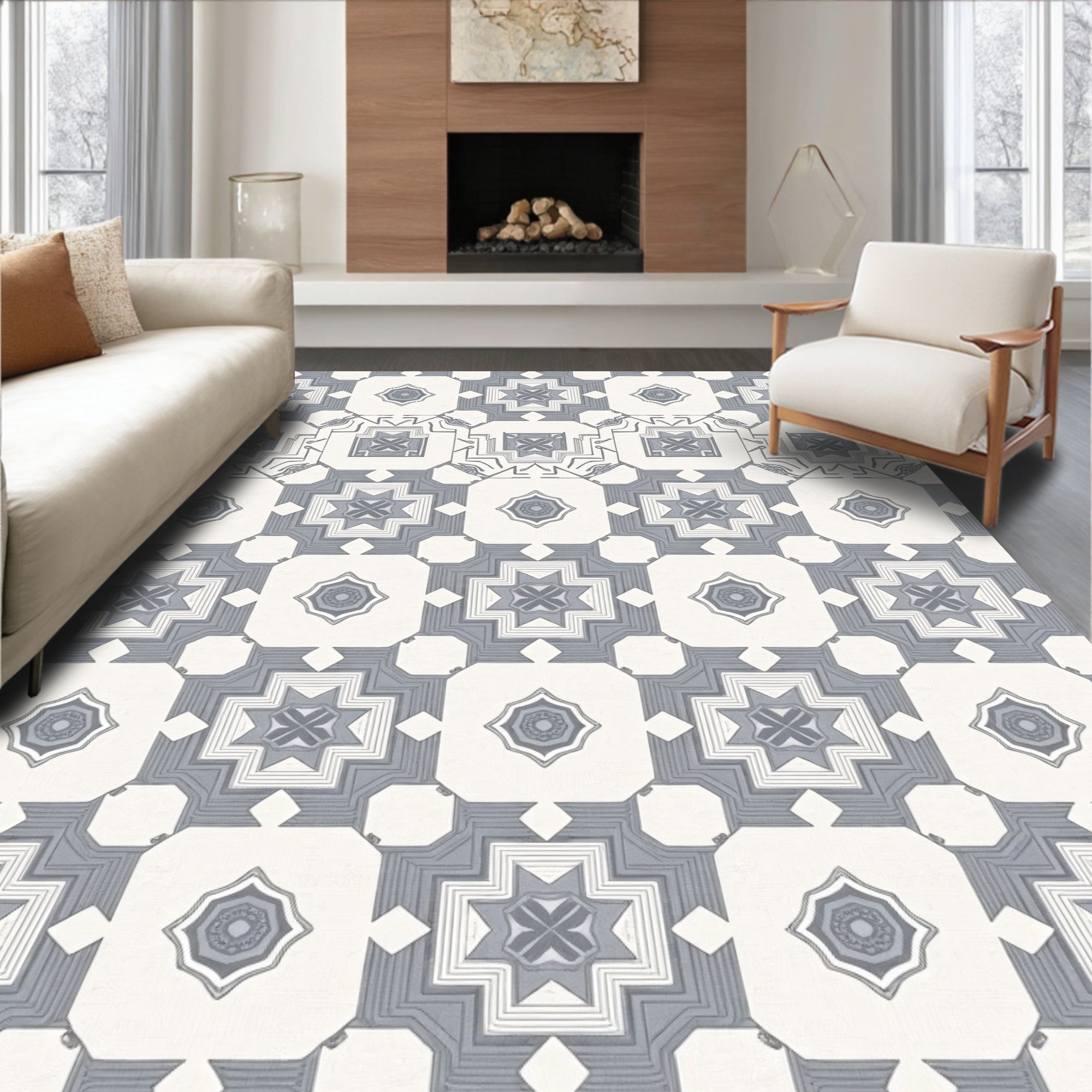 Gray Geometric Medallion Square Rug