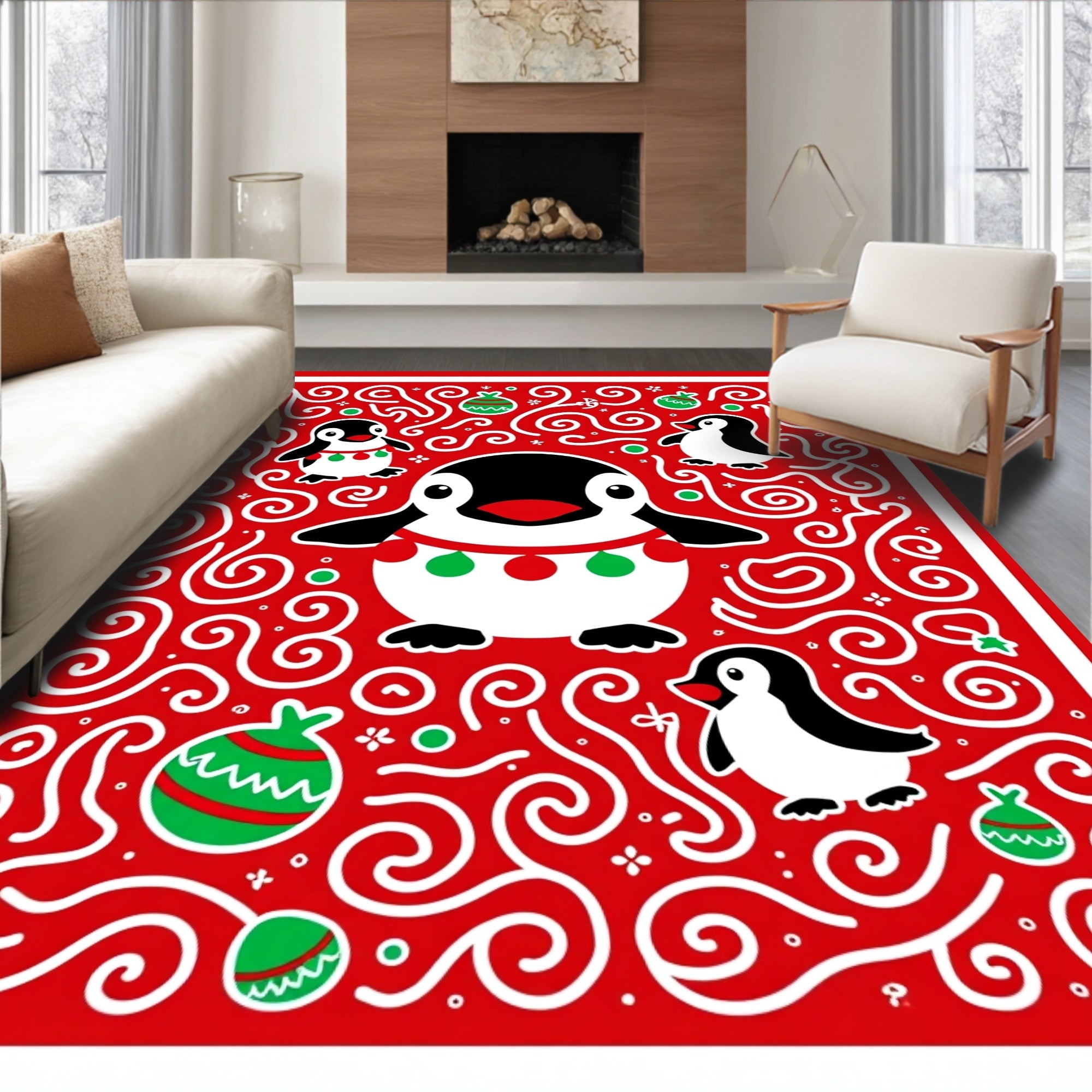 Festive Red Penguin Christmas Swirls Rug