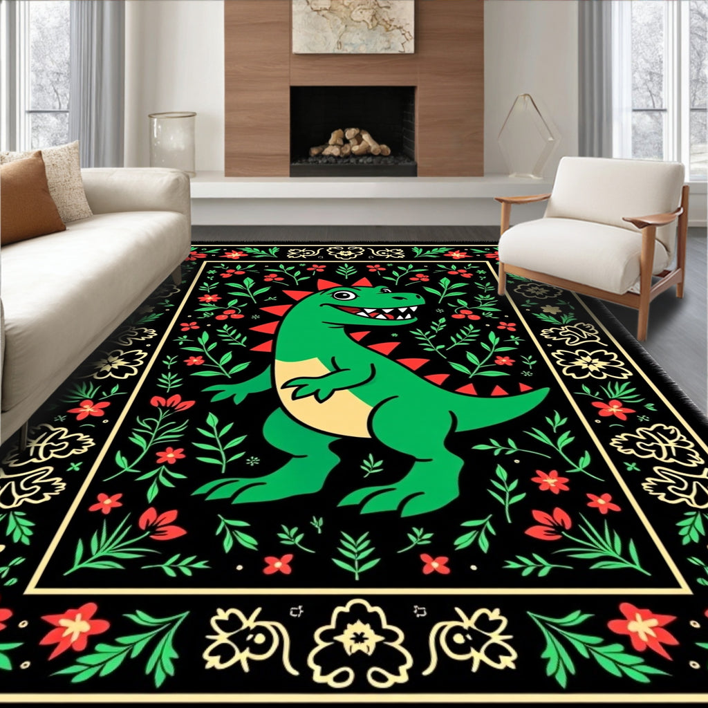Green Dinosaur Floral Border Rug
