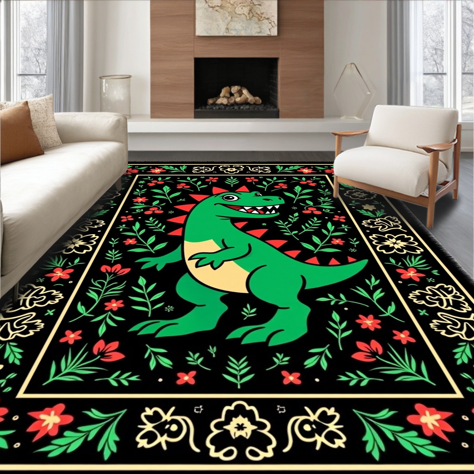 Green Dinosaur Floral Border Rug