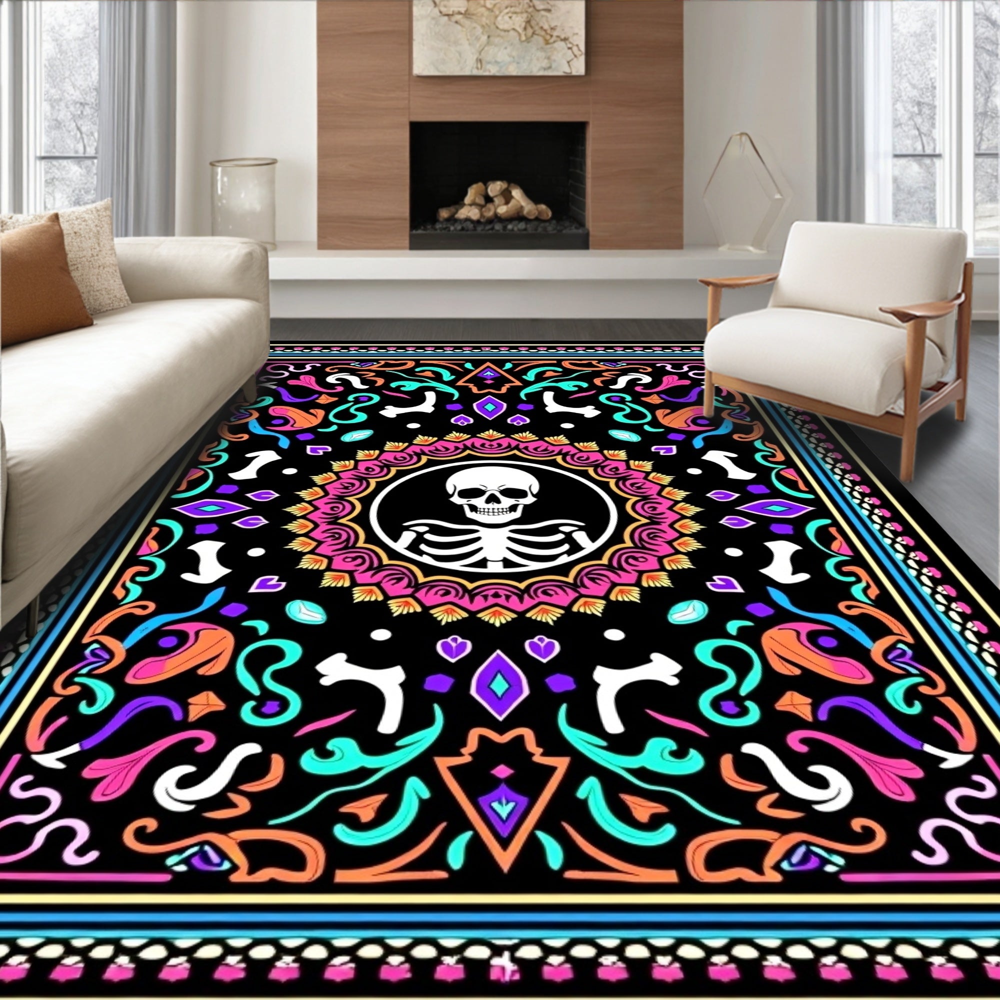 Vibrant Skeleton Floral Mandala Rug