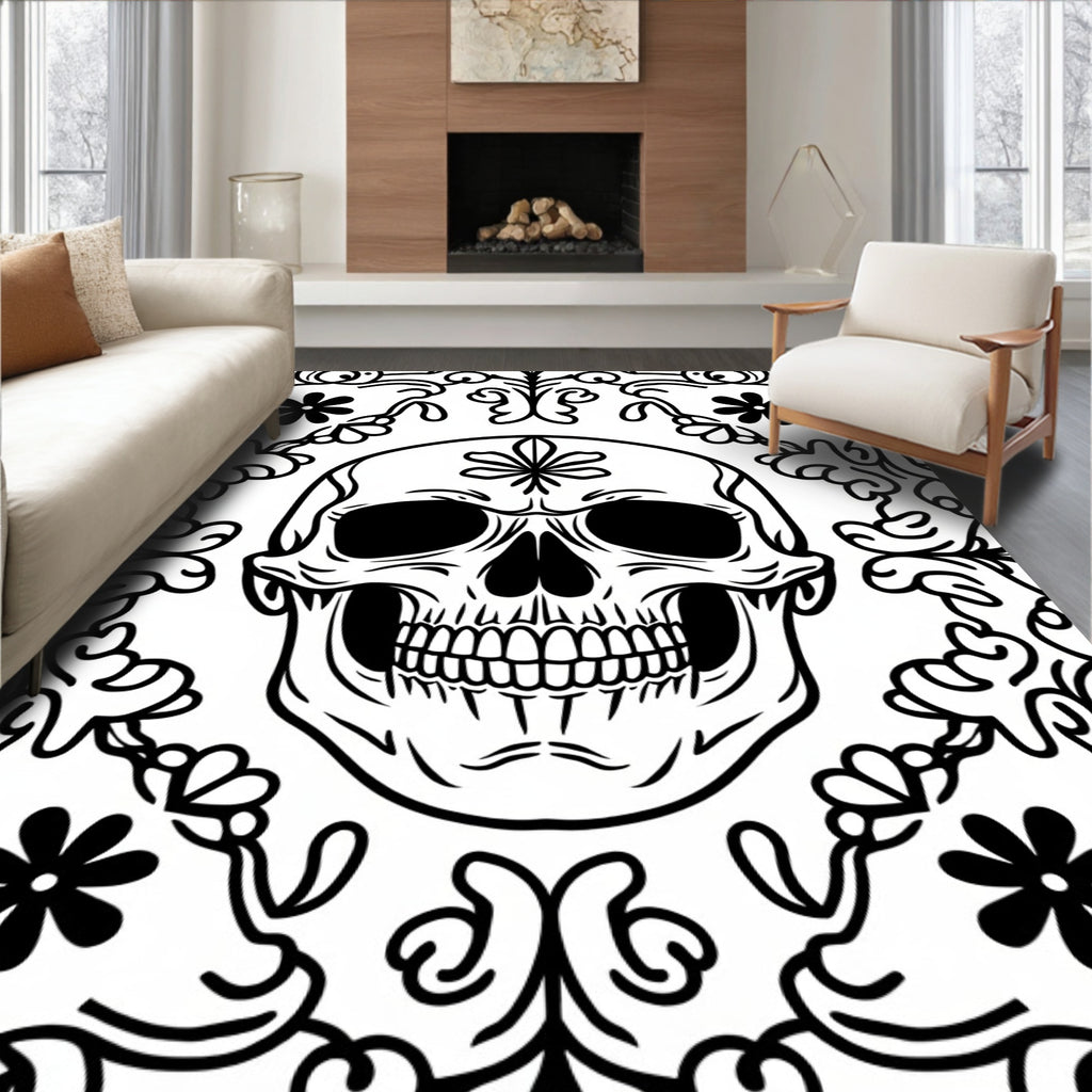 Bold Black Skull Floral Frame Rug