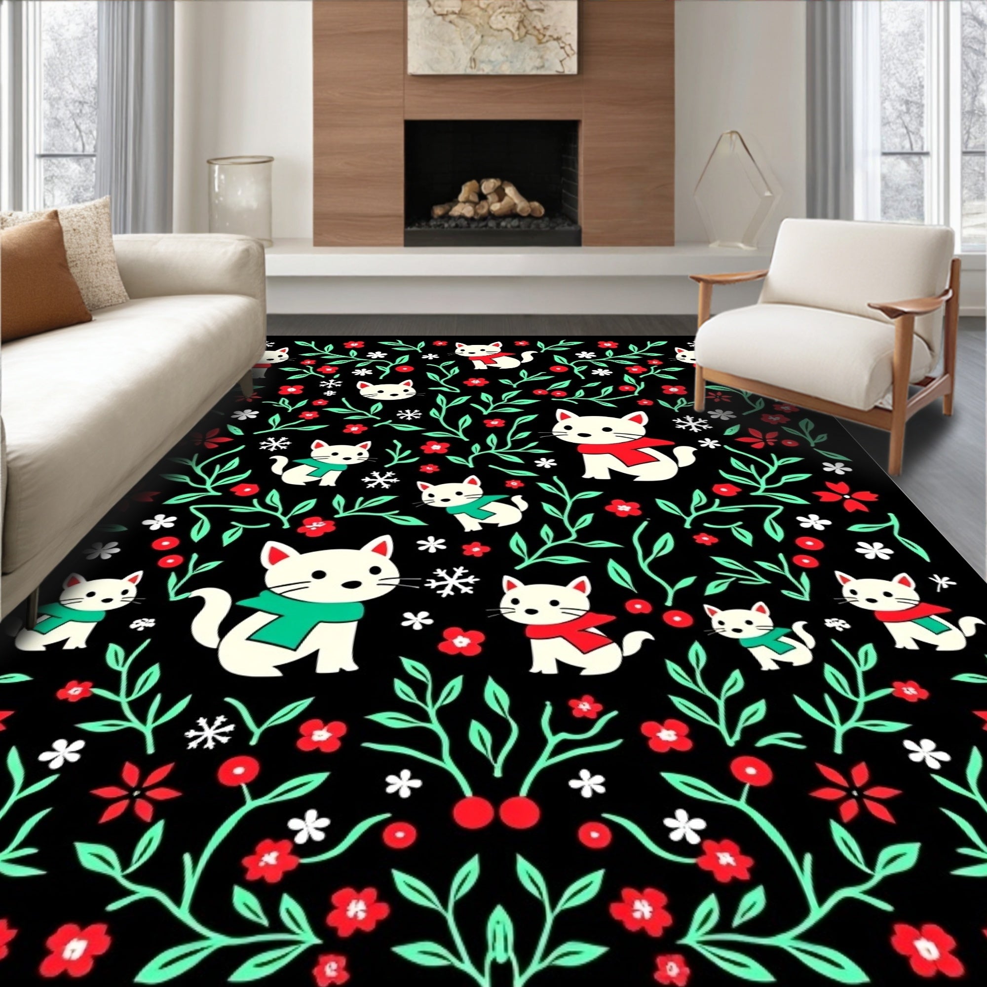 Whimsical White Cats Red Green Flora Rug