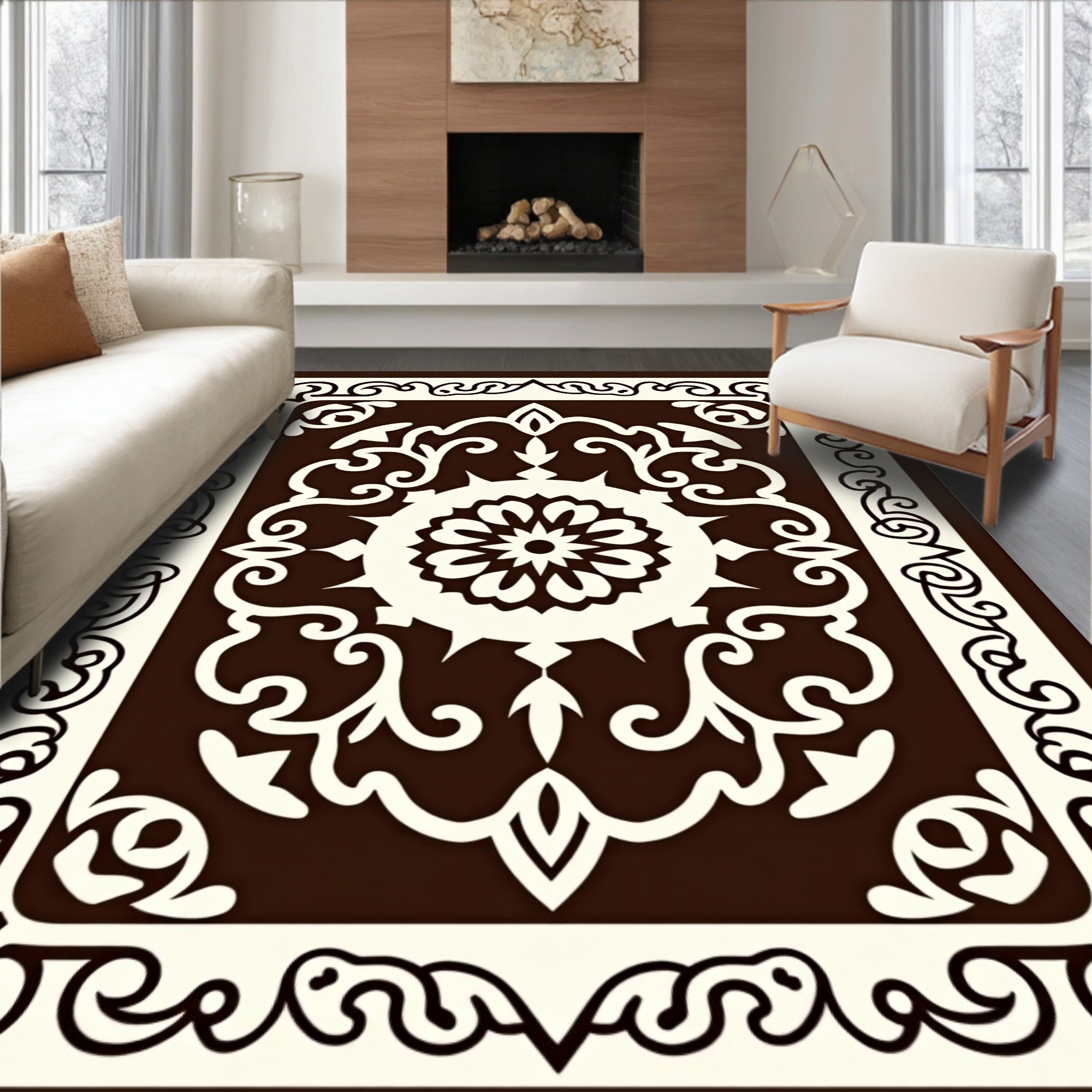 Cream and Chocolate Medallion Scroll Rug
