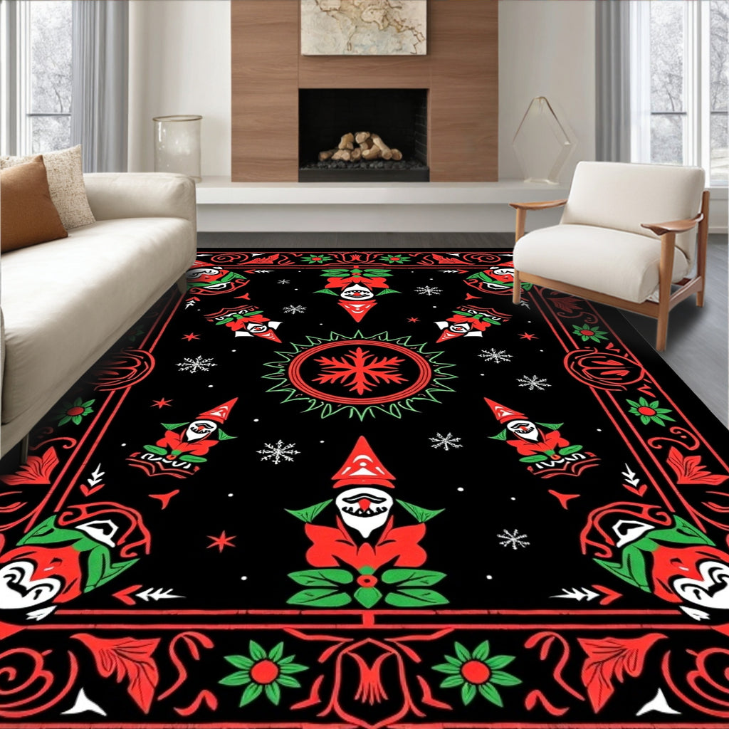 Whimsical Red Green Gnome Snowflake Rug