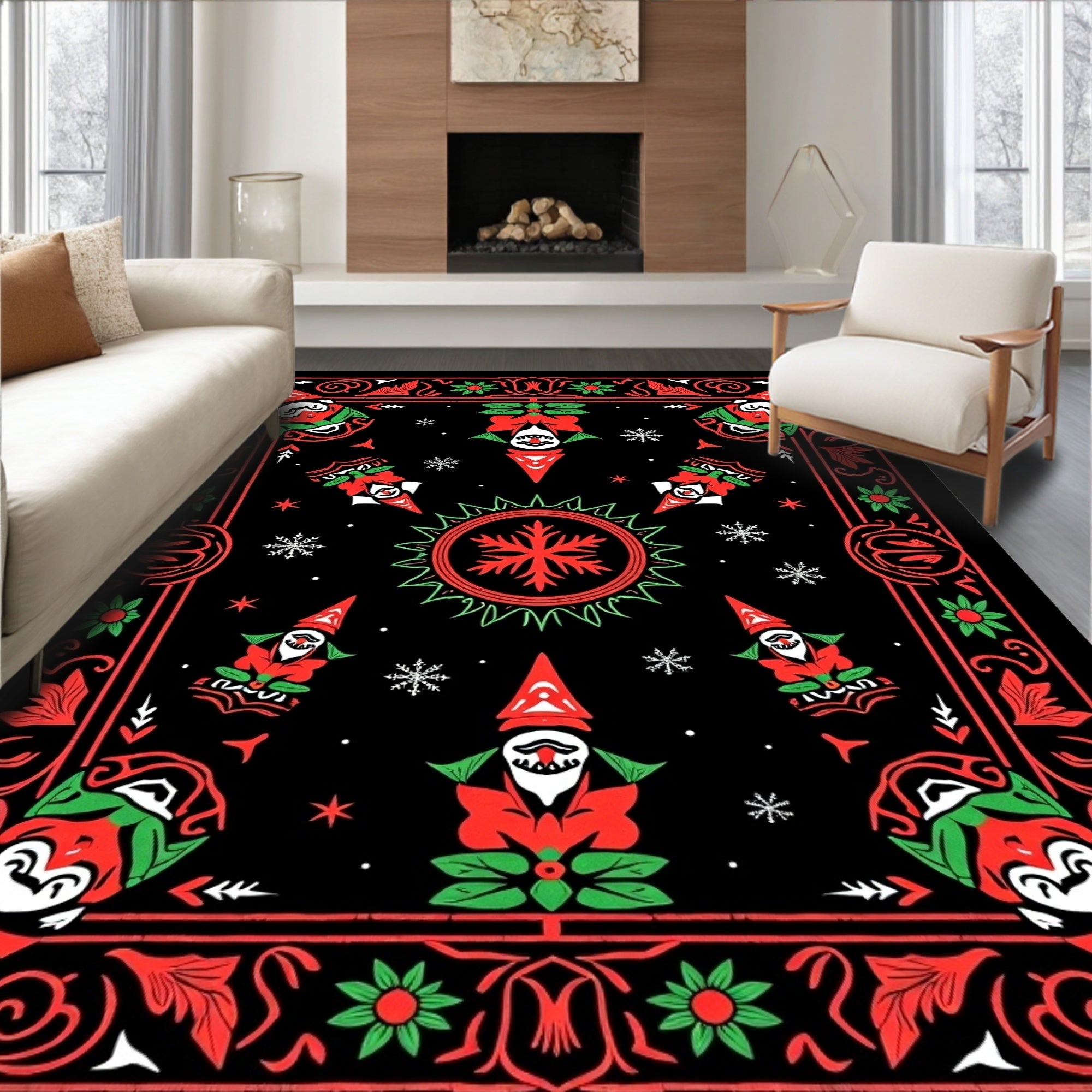 Whimsical Red Green Gnome Snowflake Rug