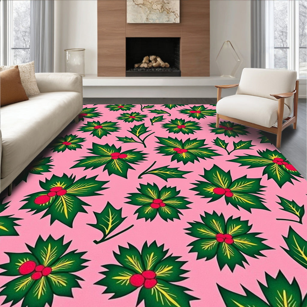 Pink Green Holly Berry Blossoms Rug