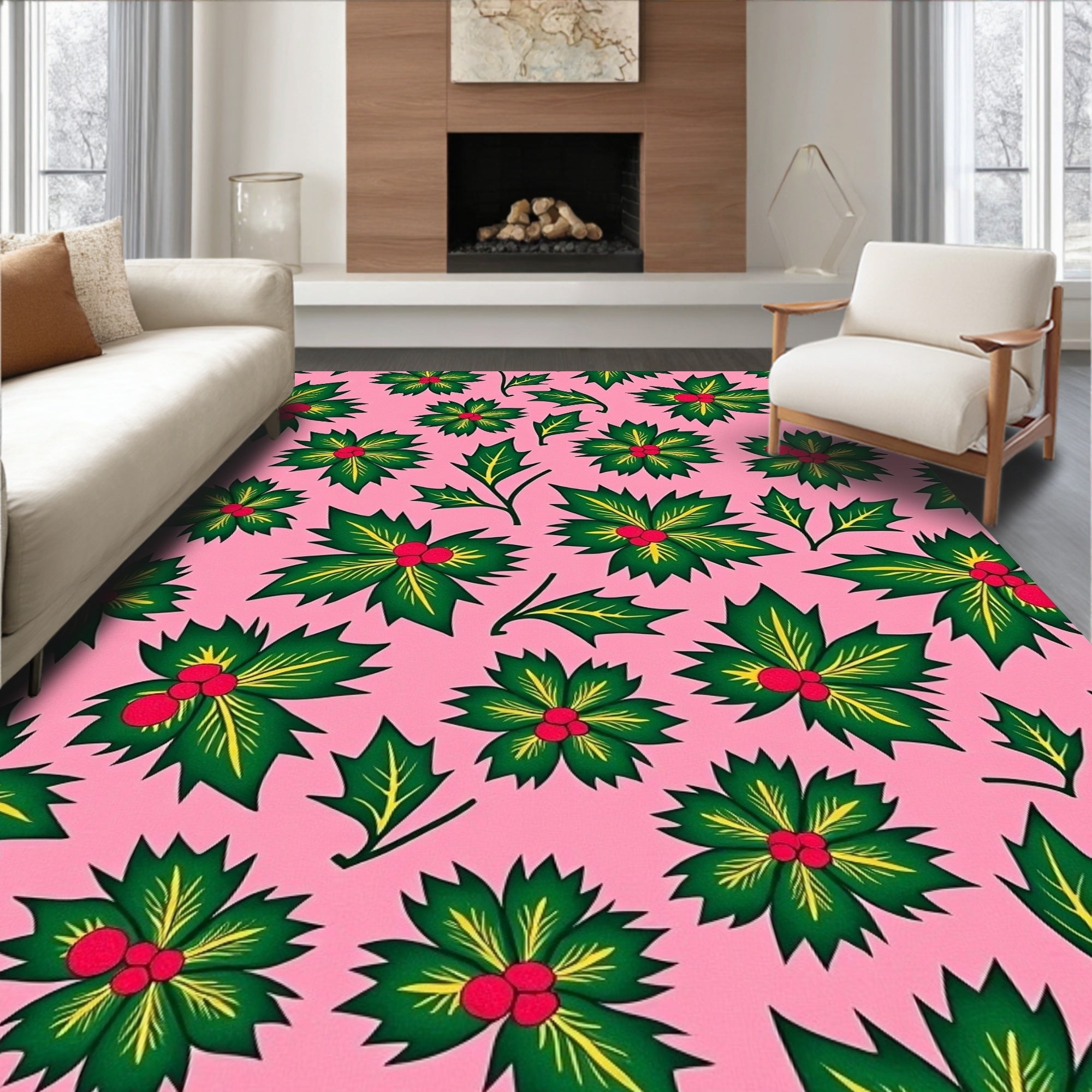 Pink Green Holly Berry Blossoms Rug