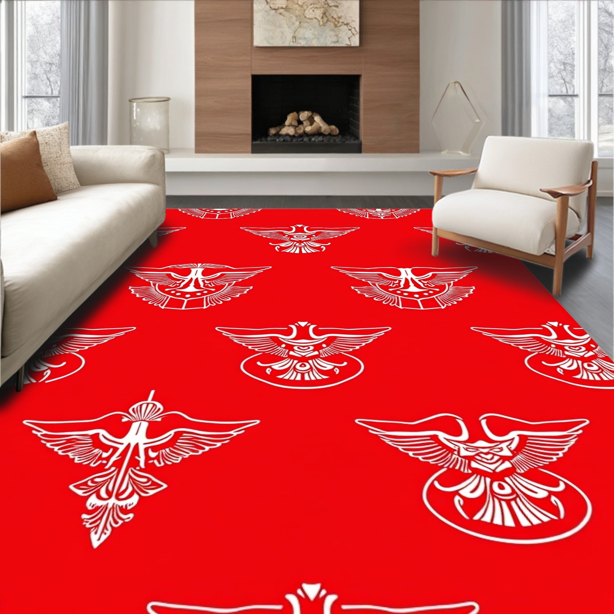 Crimson White Eagle Heraldic Medallion Rug
