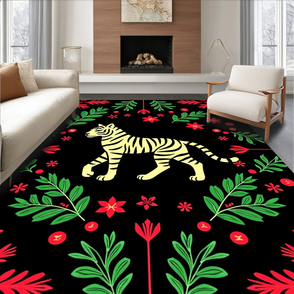 Yellow Tiger Red Green Floral Border Rug