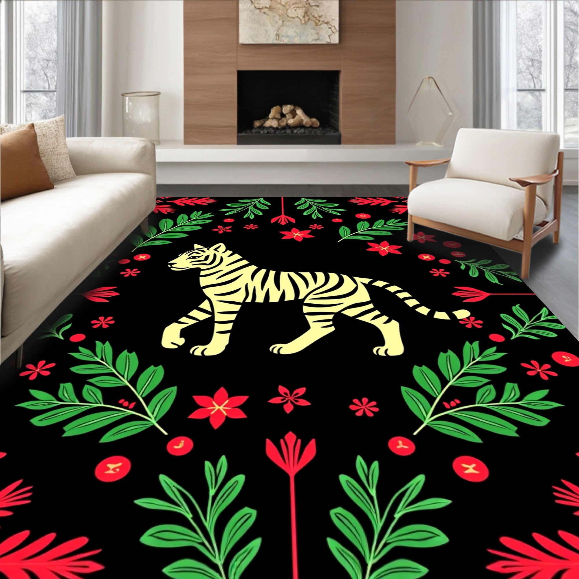 Yellow Tiger Red Green Floral Border Rug