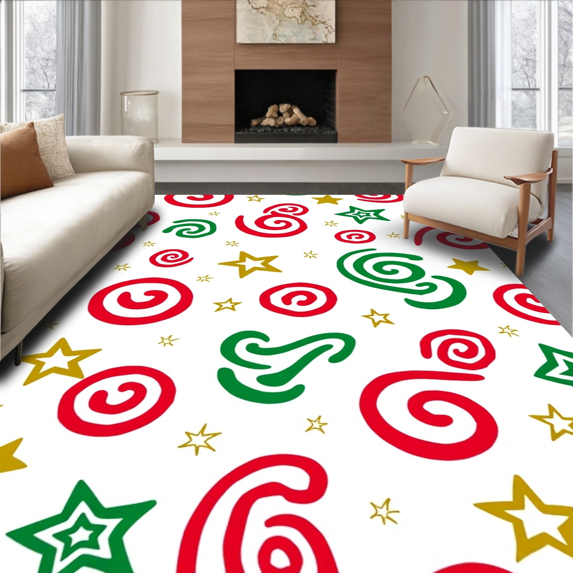 Festive Red Green Swirl Stars Rug