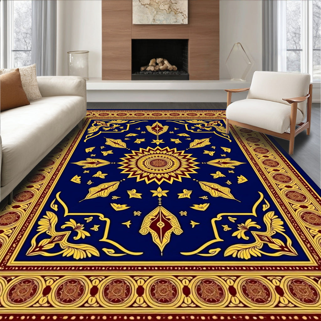 Deep Blue Golden Sunburst Medallion Rug