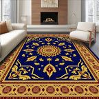 Deep Blue Golden Sunburst Medallion Rug