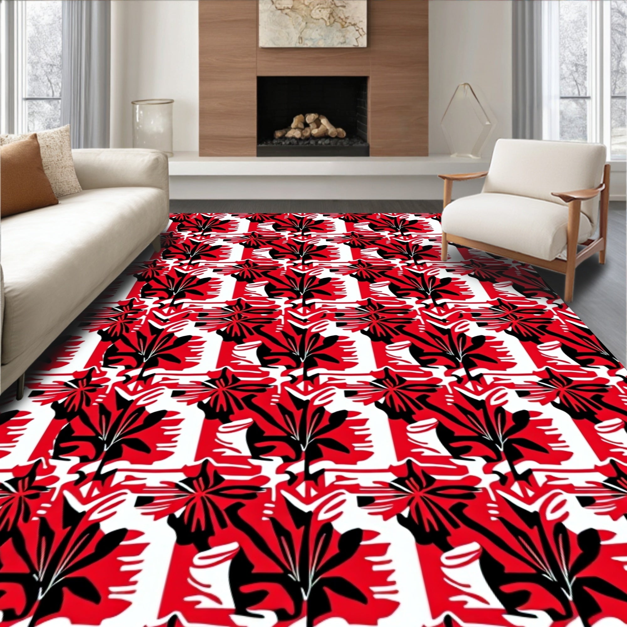 Bold Red Tropical Foliage Repeat Rug