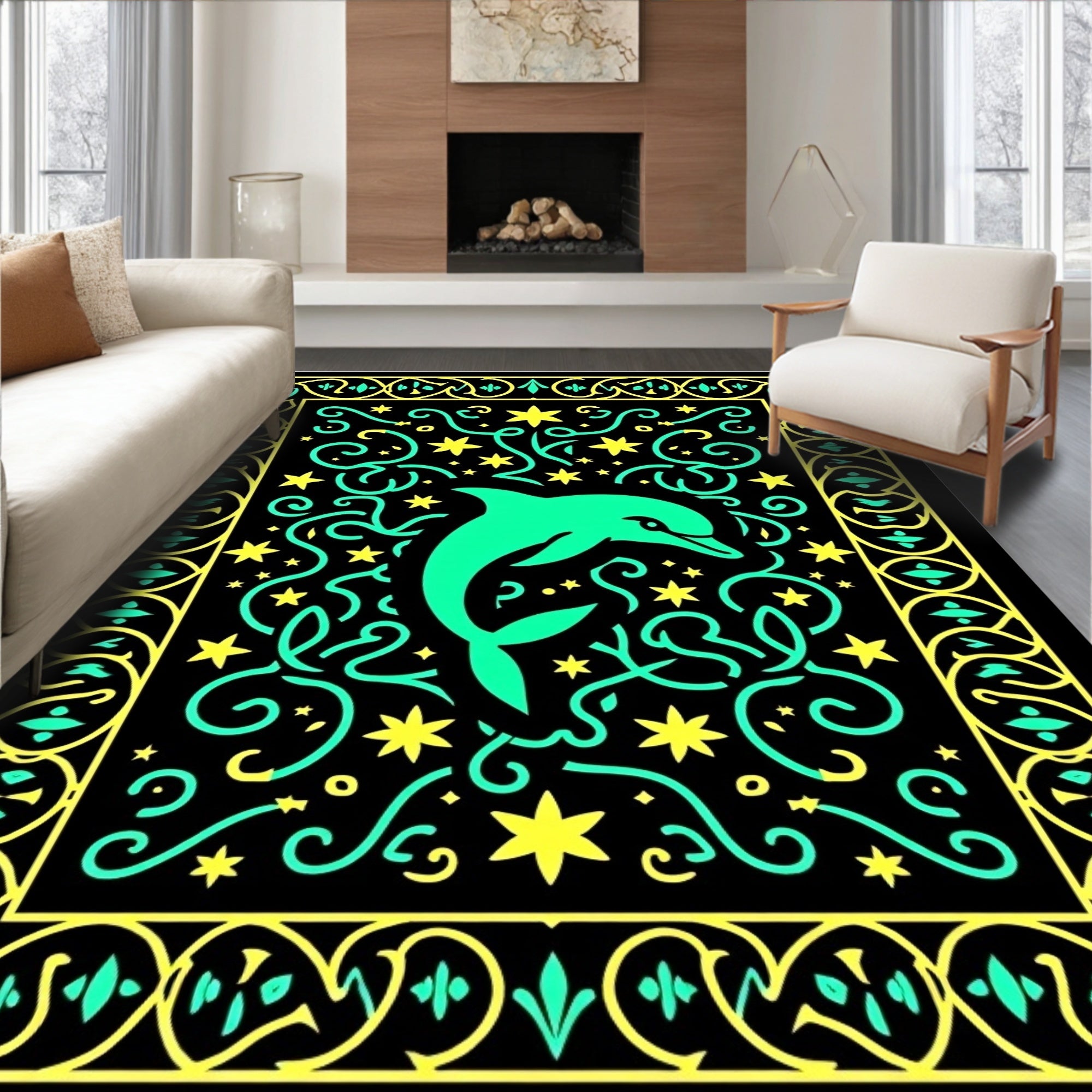 Aqua Dolphin Swirling Starburst Border Rug