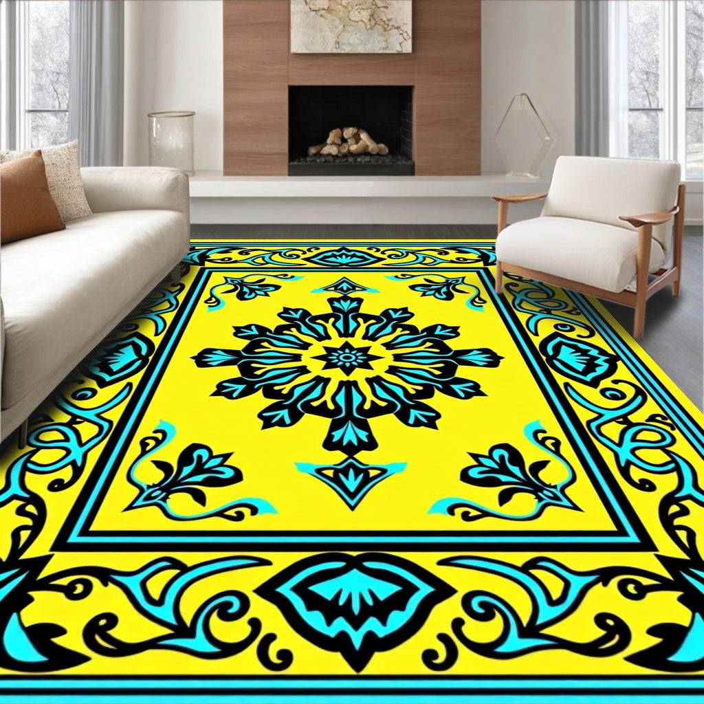 Bold Yellow Black Turquoise Floral Medallion Rug