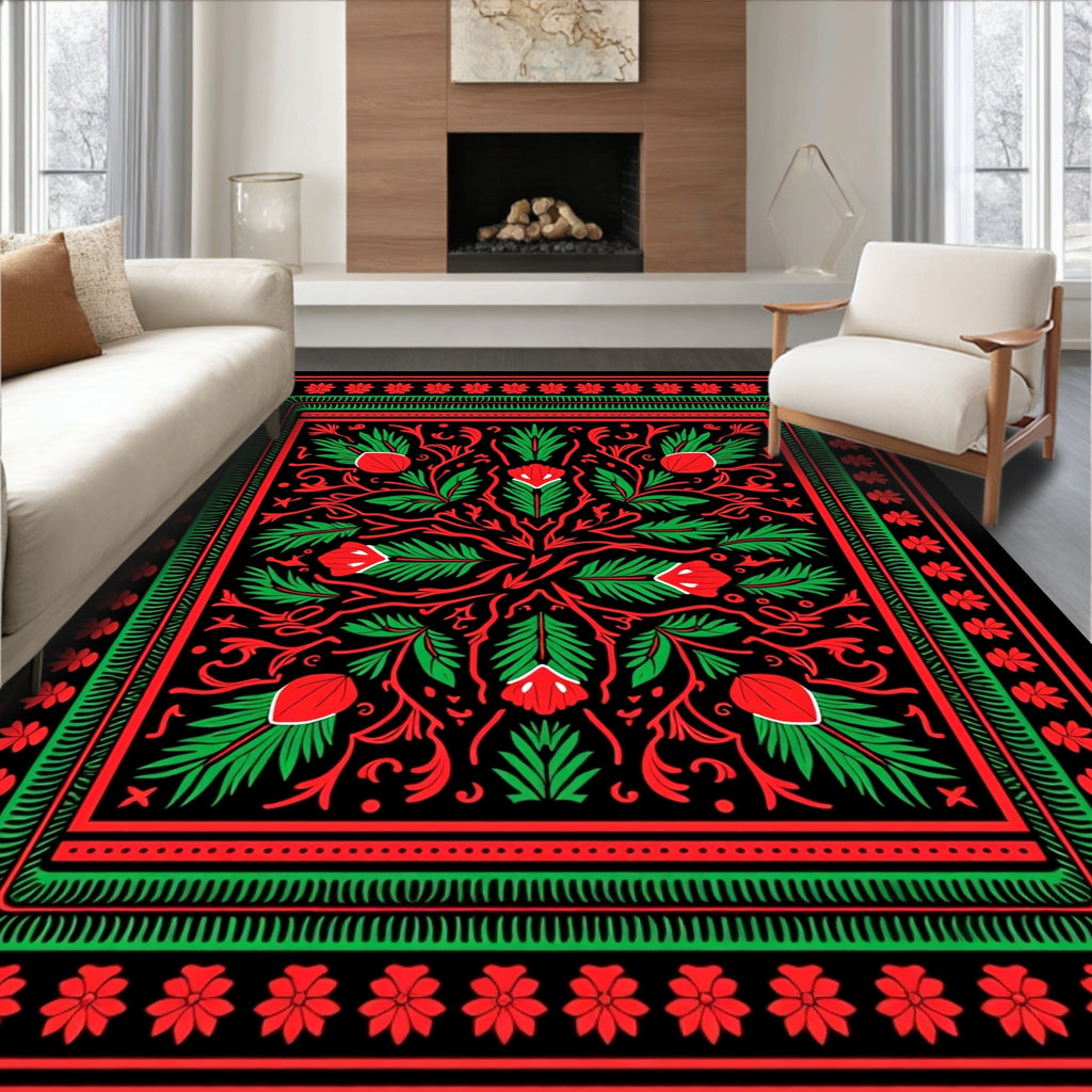 Bold Red Green Floral Garden Tapestry Rug