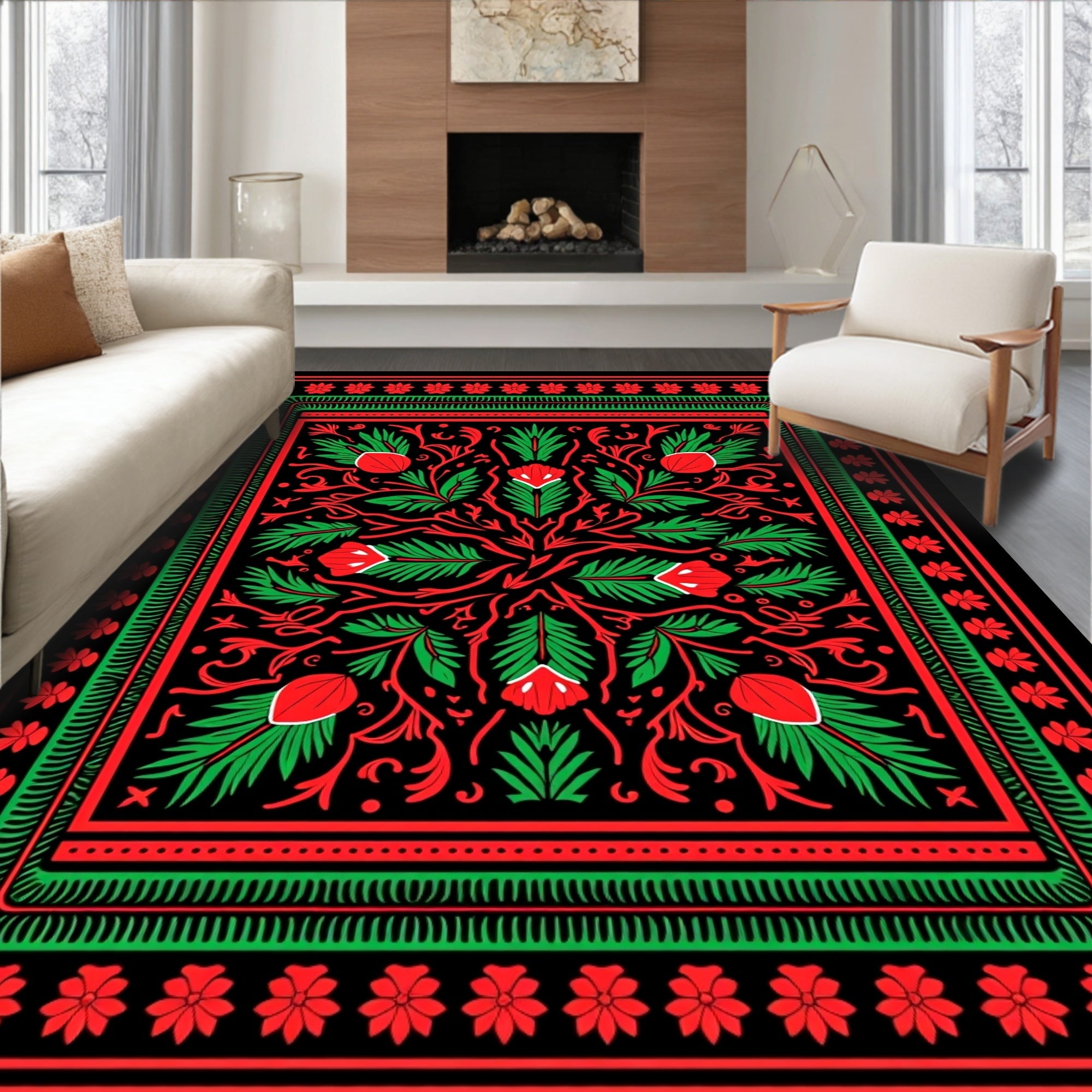 Bold Red Green Floral Garden Tapestry Rug