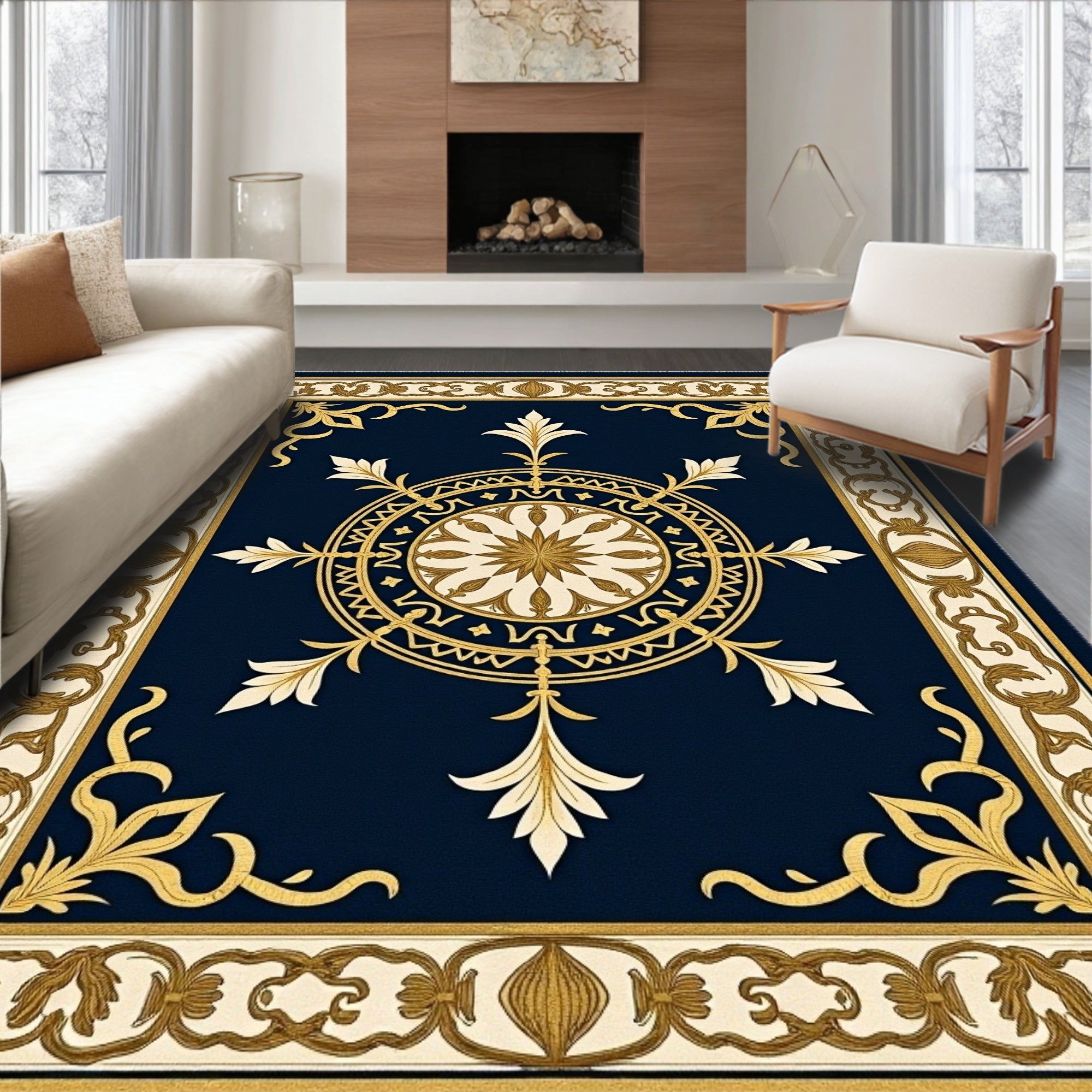 Navy Gold Floral Medallion Border Rug