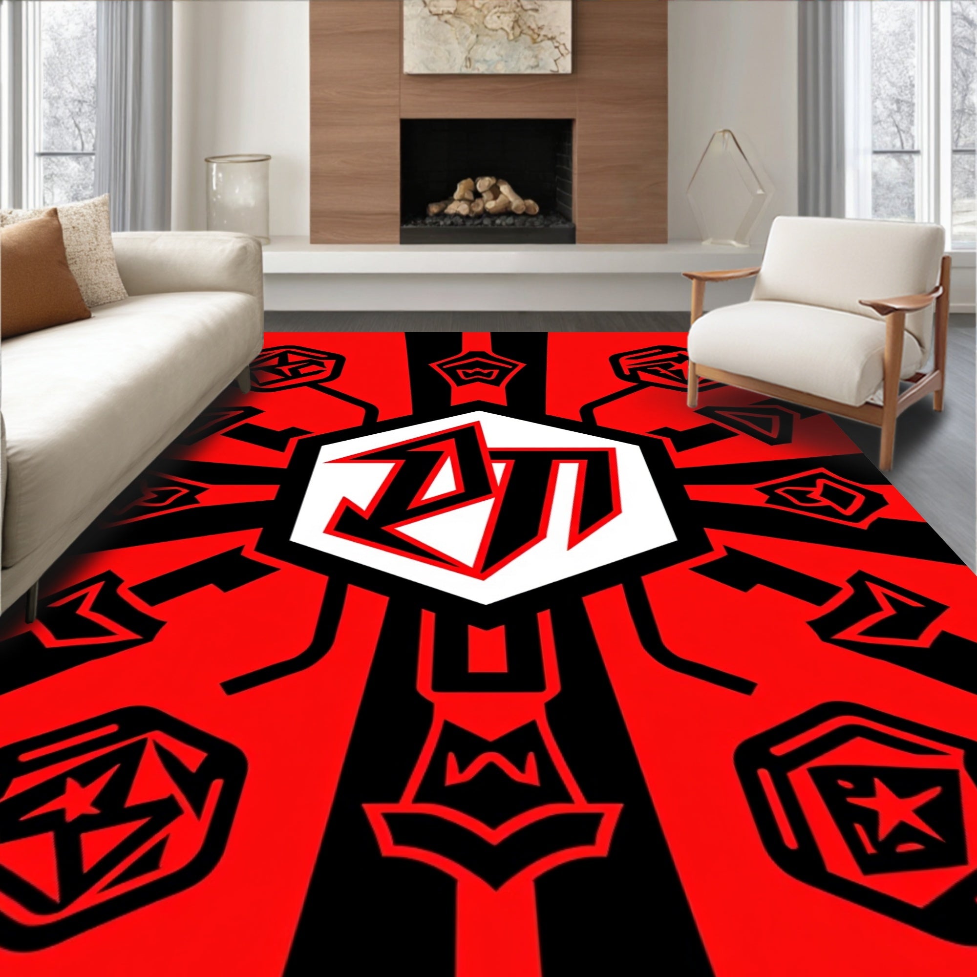 Crimson Black Geometric Emblem Rug