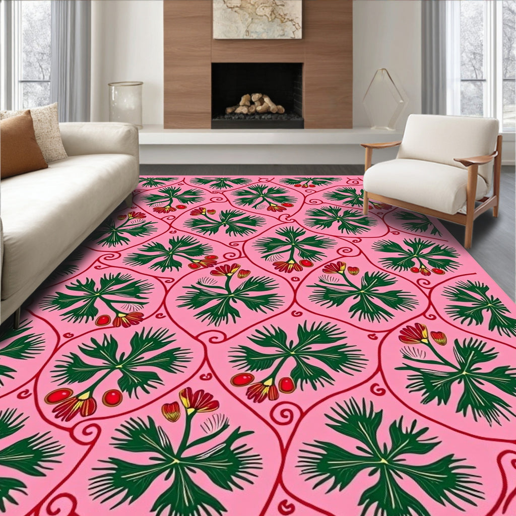 Pink Green Red Floral Vine Medallion Rug