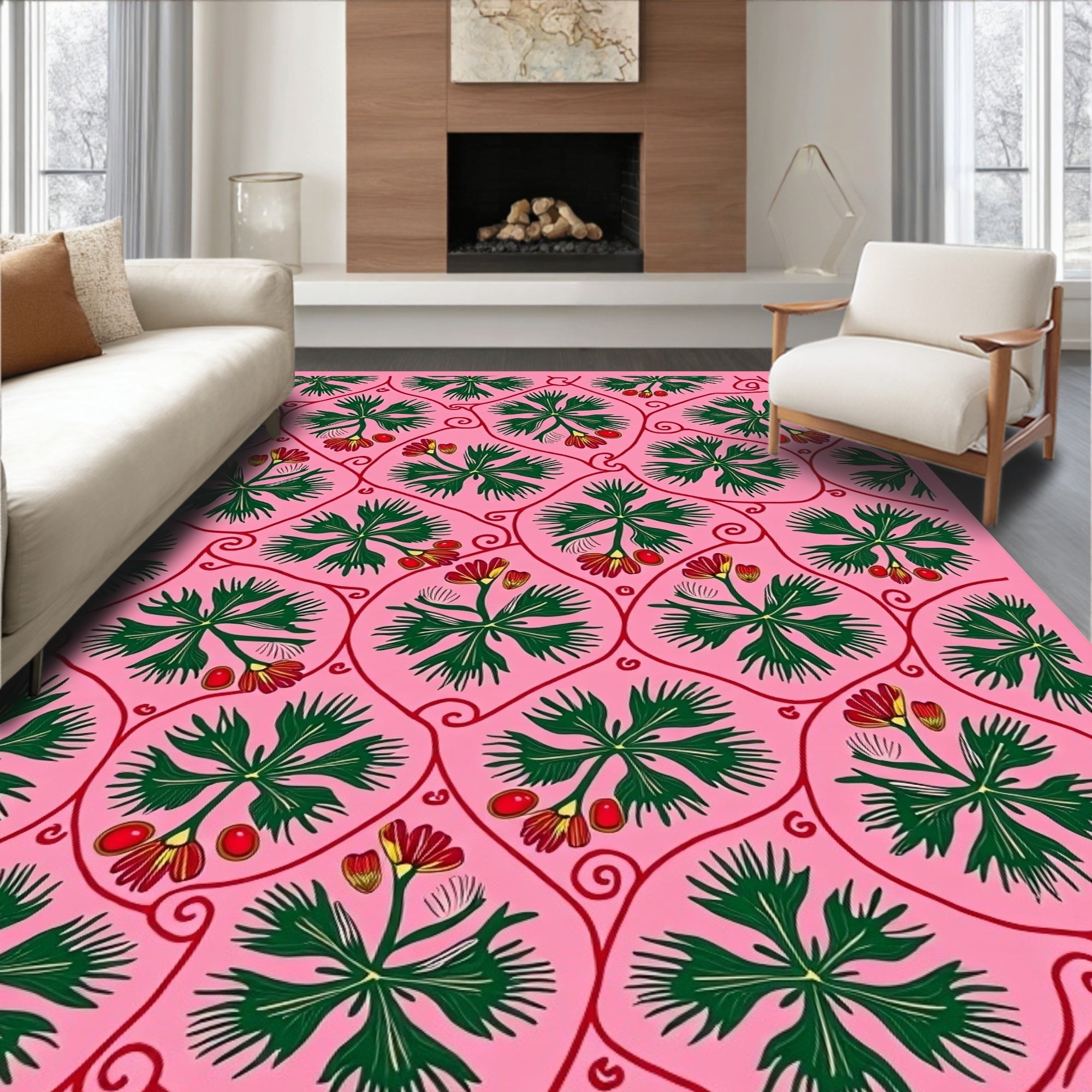 Pink Green Red Floral Vine Medallion Rug