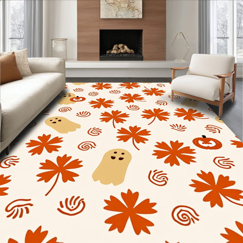 Autumnal Beige Ghost Pumpkin Flowers Rug